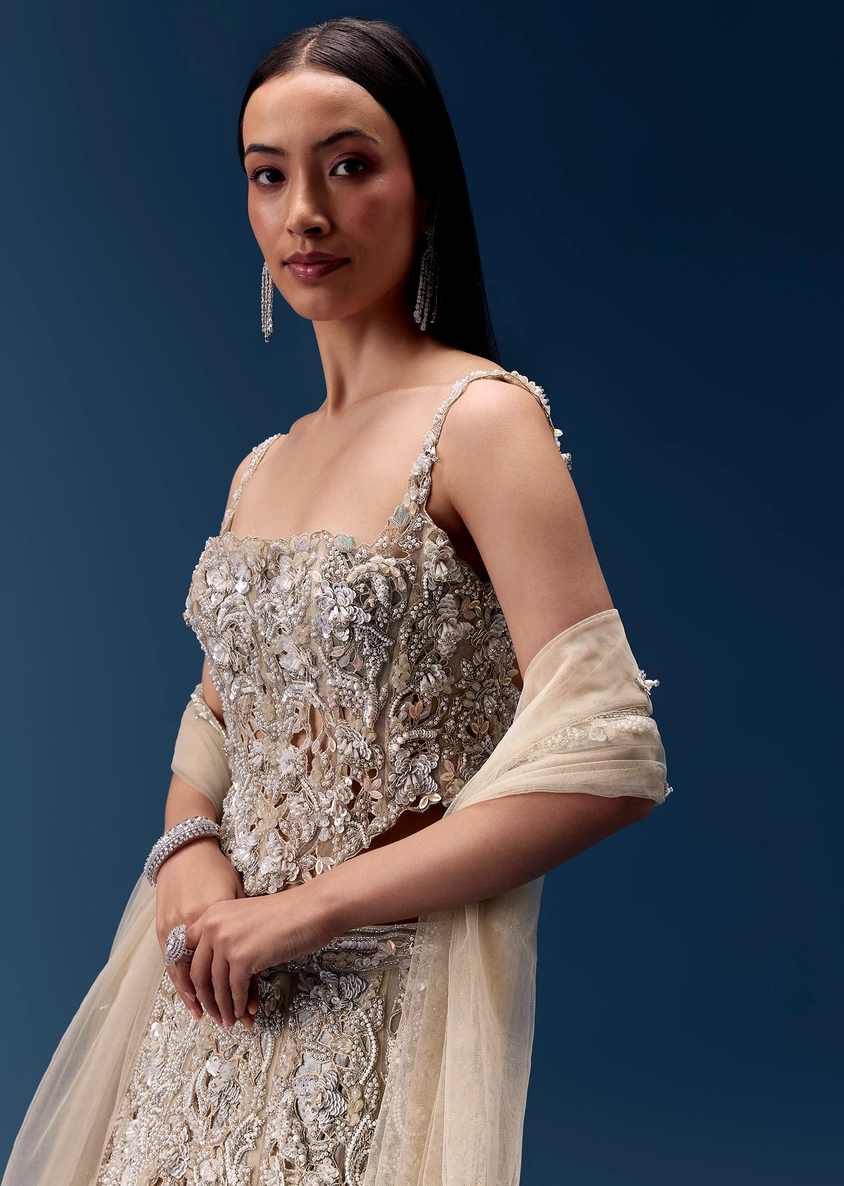 Off White Embellished Lehenga and Corset Blouse Set - Image 3