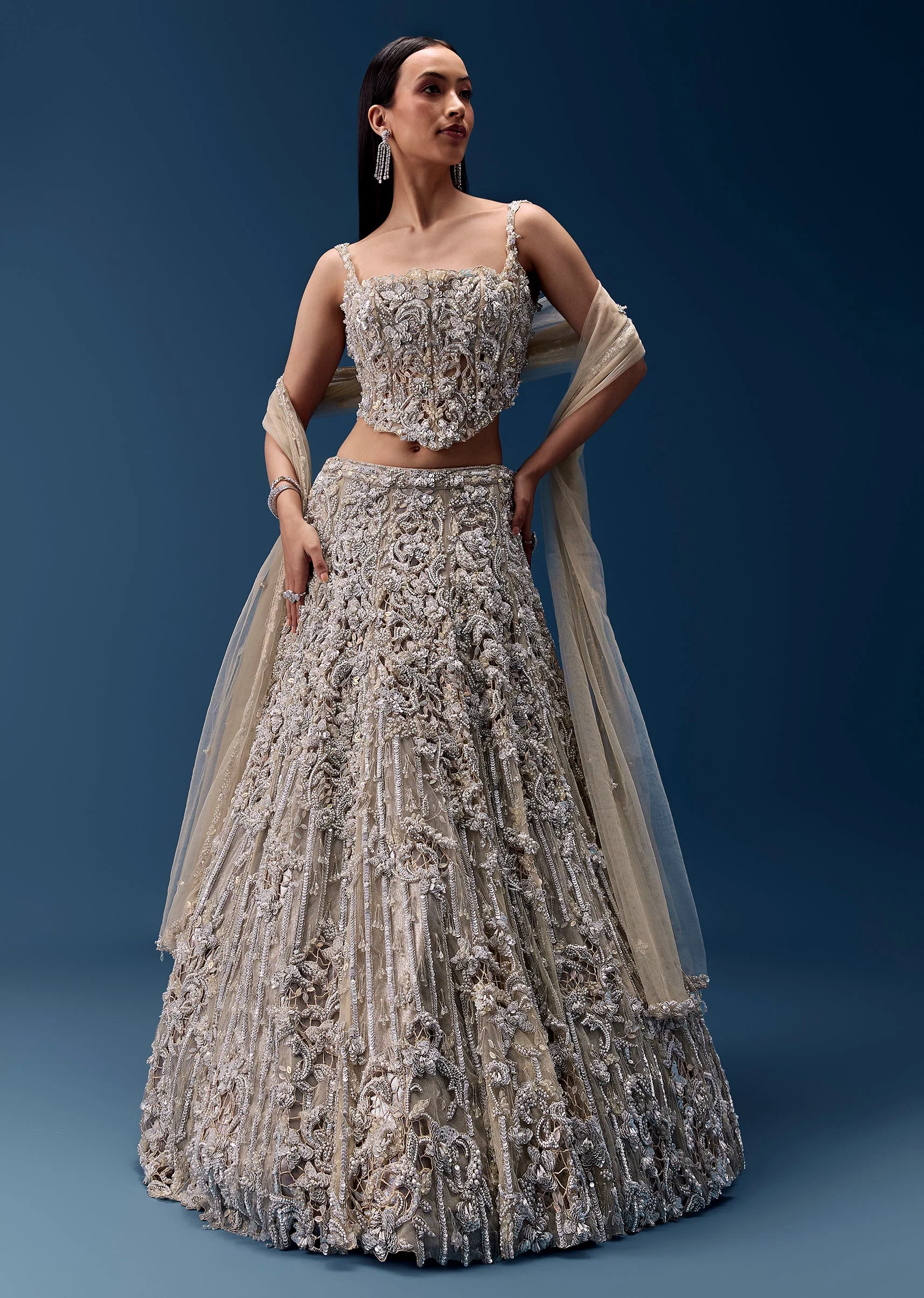 Off White Embellished Lehenga and Corset Blouse Set - Image 4