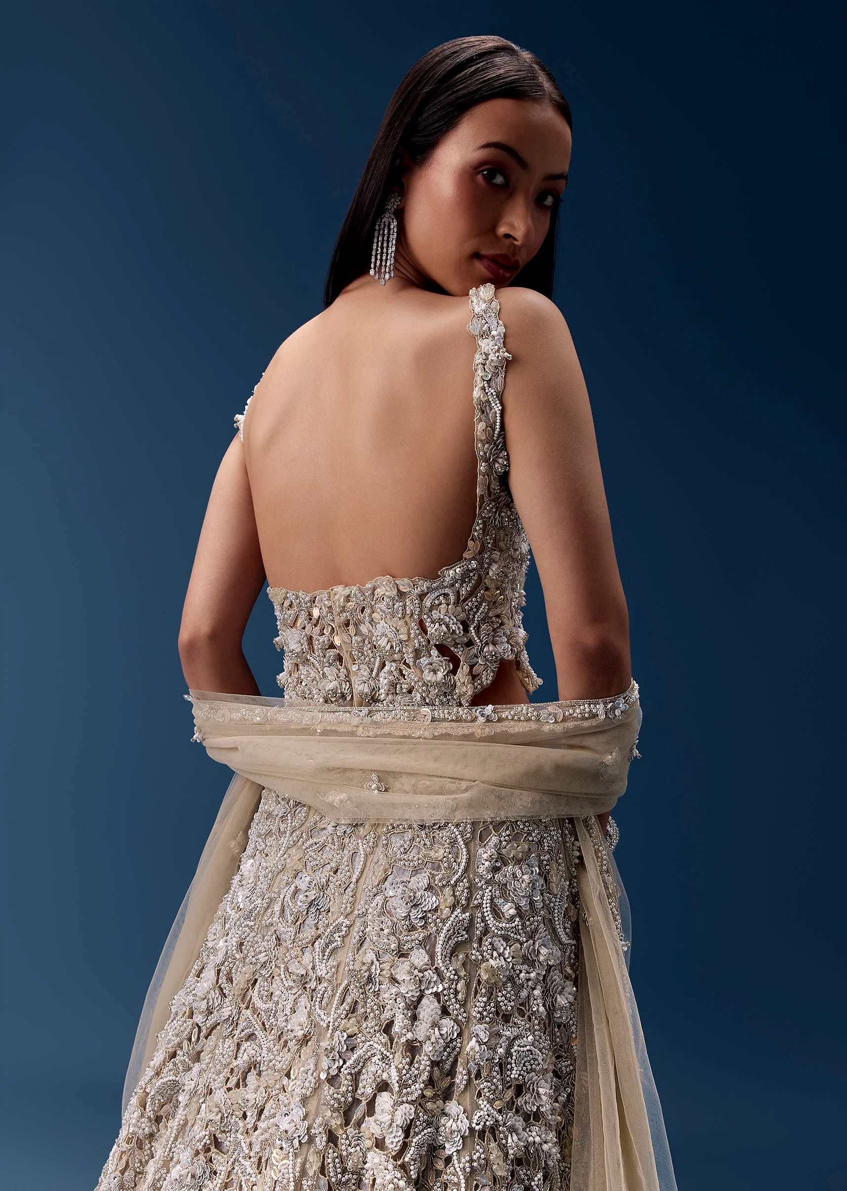 Off White Embellished Lehenga and Corset Blouse Set - Image 5