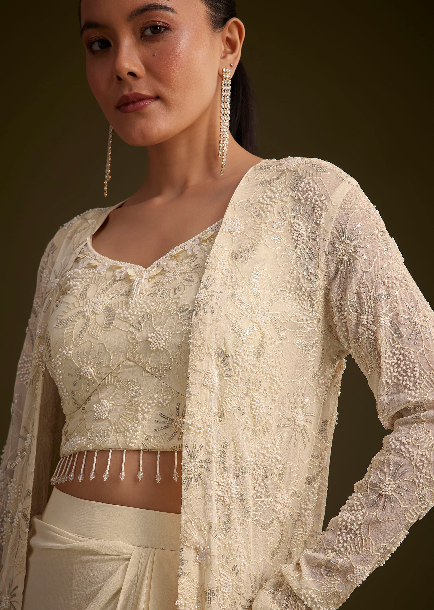 Off White Embroidered Croptop Skirt And Jacket Set - Image 4
