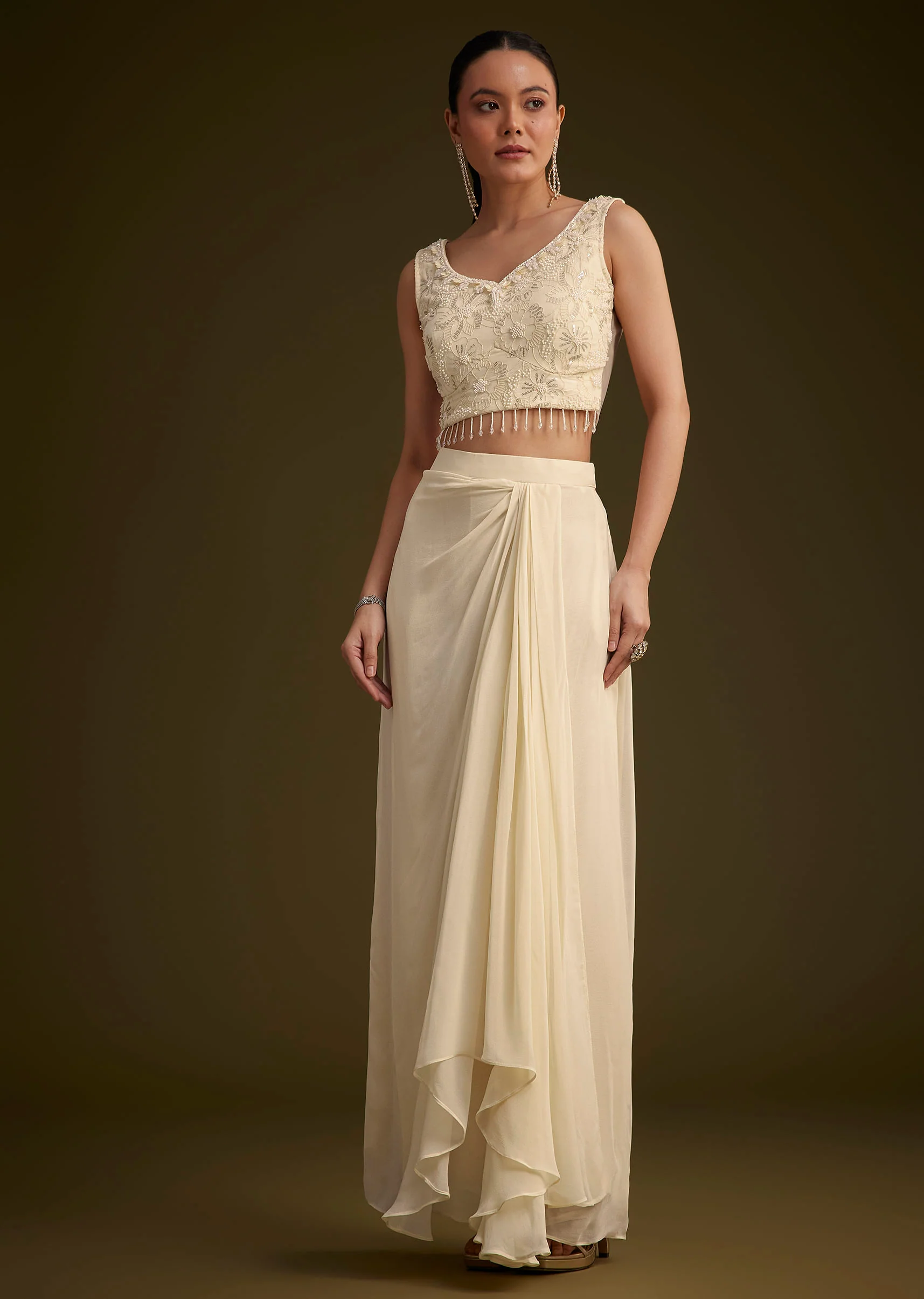 Off White Embroidered Croptop Skirt And Jacket Set - Image 6