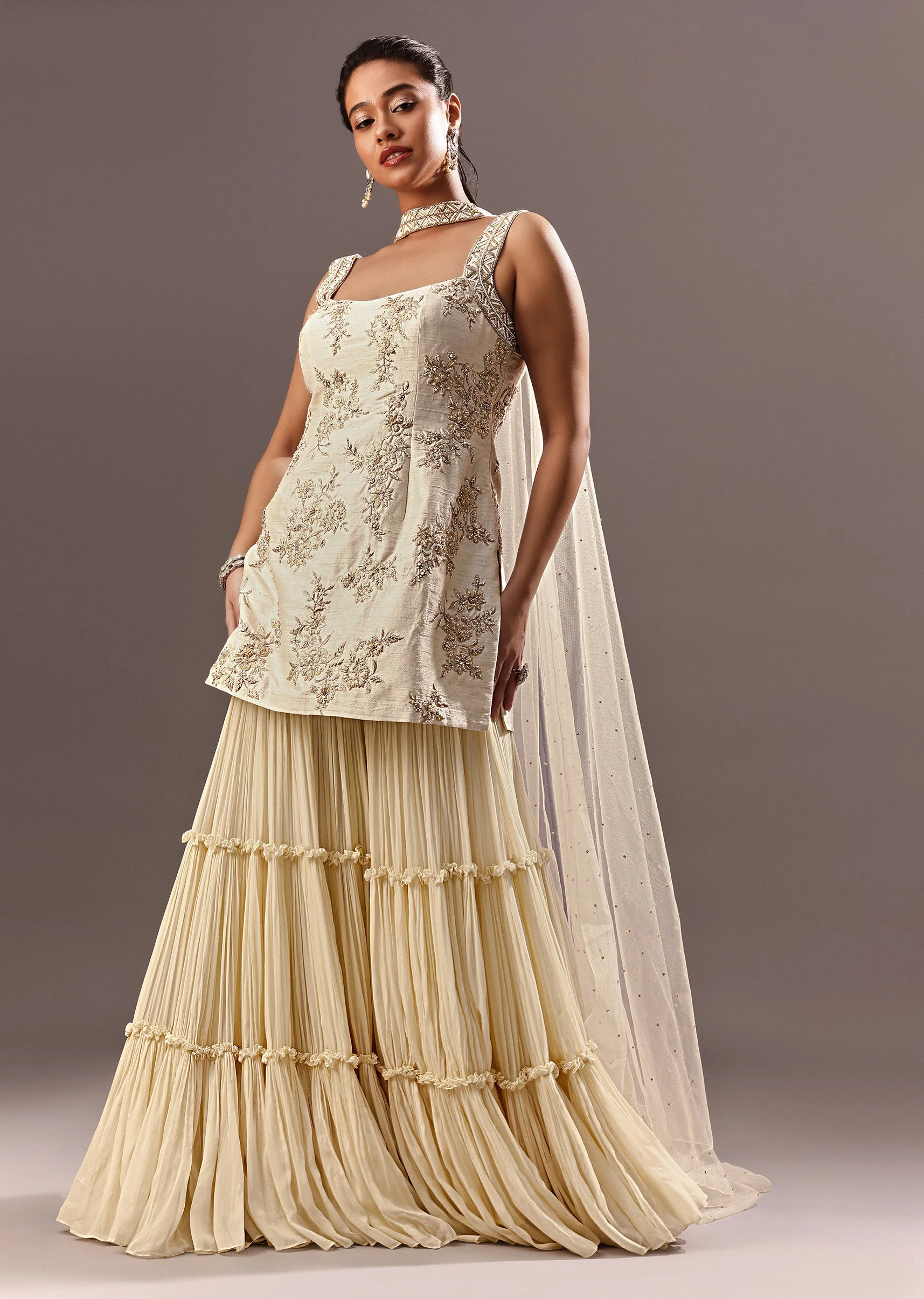 Off White Embroidered Kurta Sharara With Choker Dupatta - Image 3