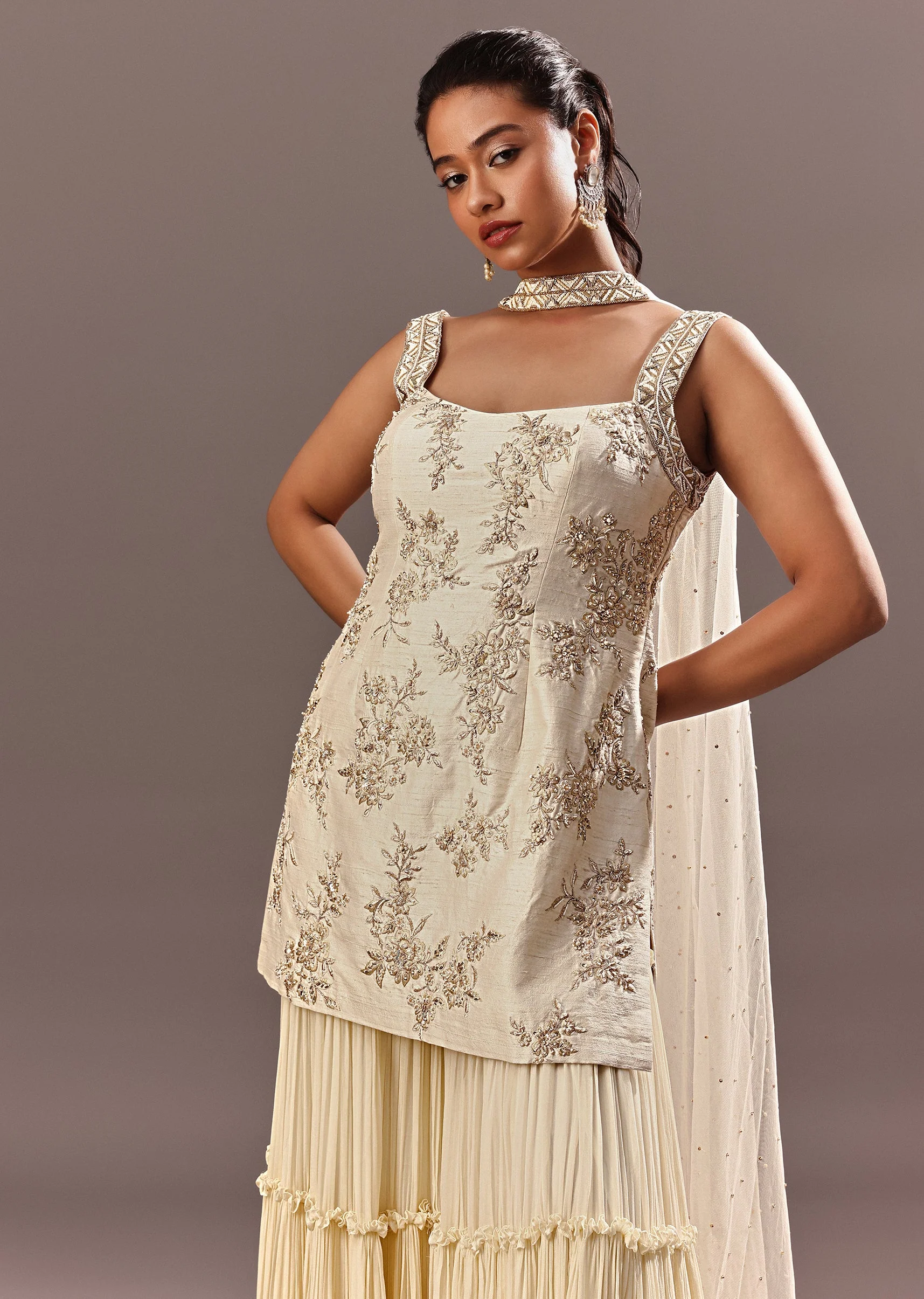Off White Embroidered Kurta Sharara With Choker Dupatta - Image 4