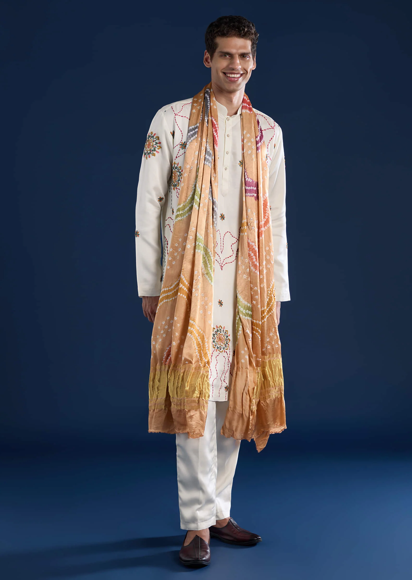 Off White Embroidered Mens Kurta Set with Bandhani Print Dupatta - Image 3