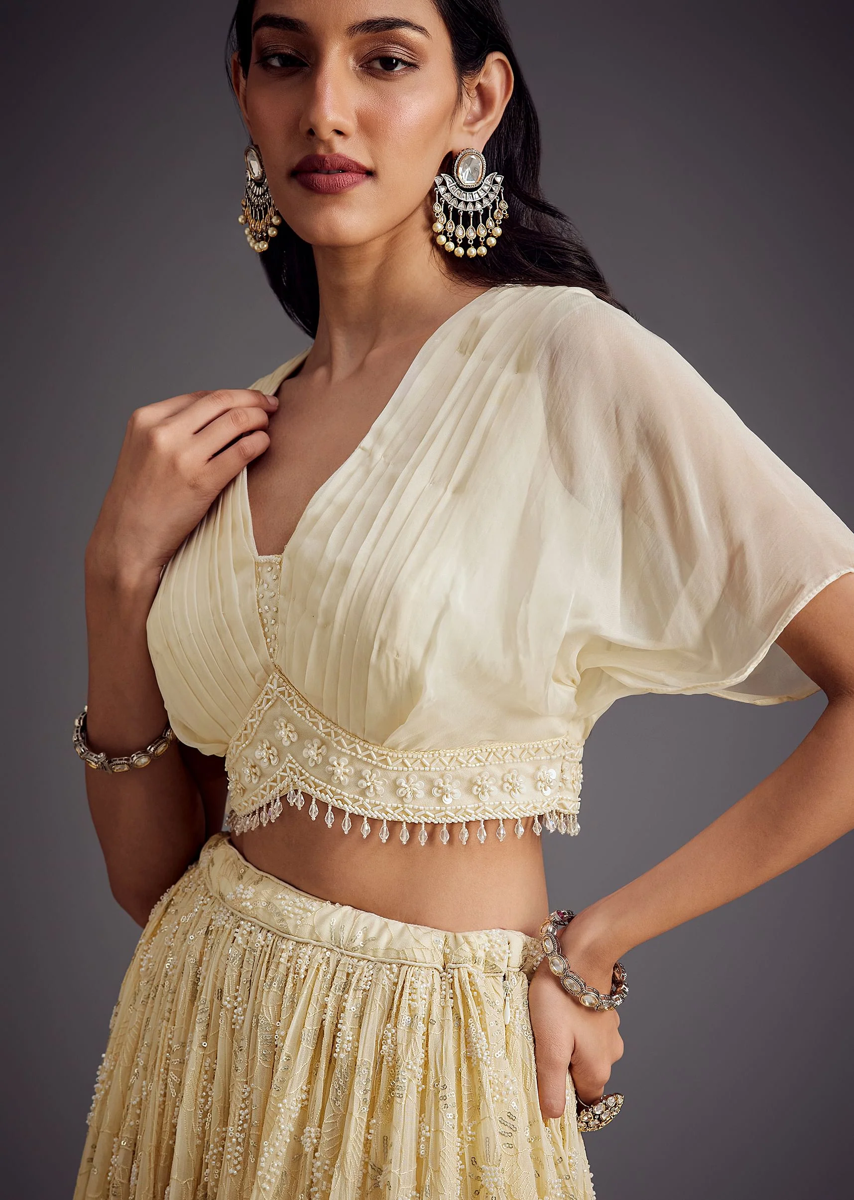 Off White Embroidered Pleated Skirt With Sheer Layered Croptop - Image 2