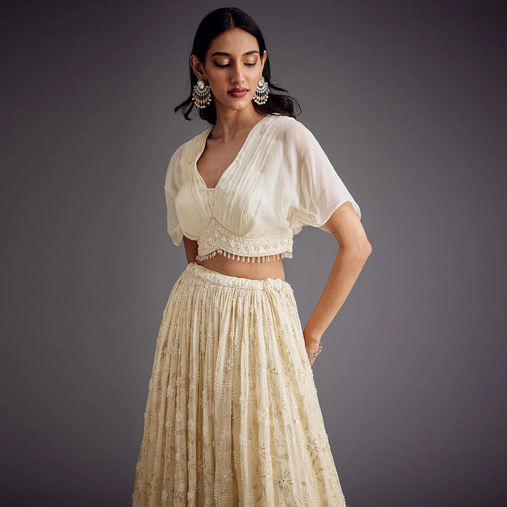 Off White Embroidered Pleated Skirt With Sheer Layered Croptop - Image 3