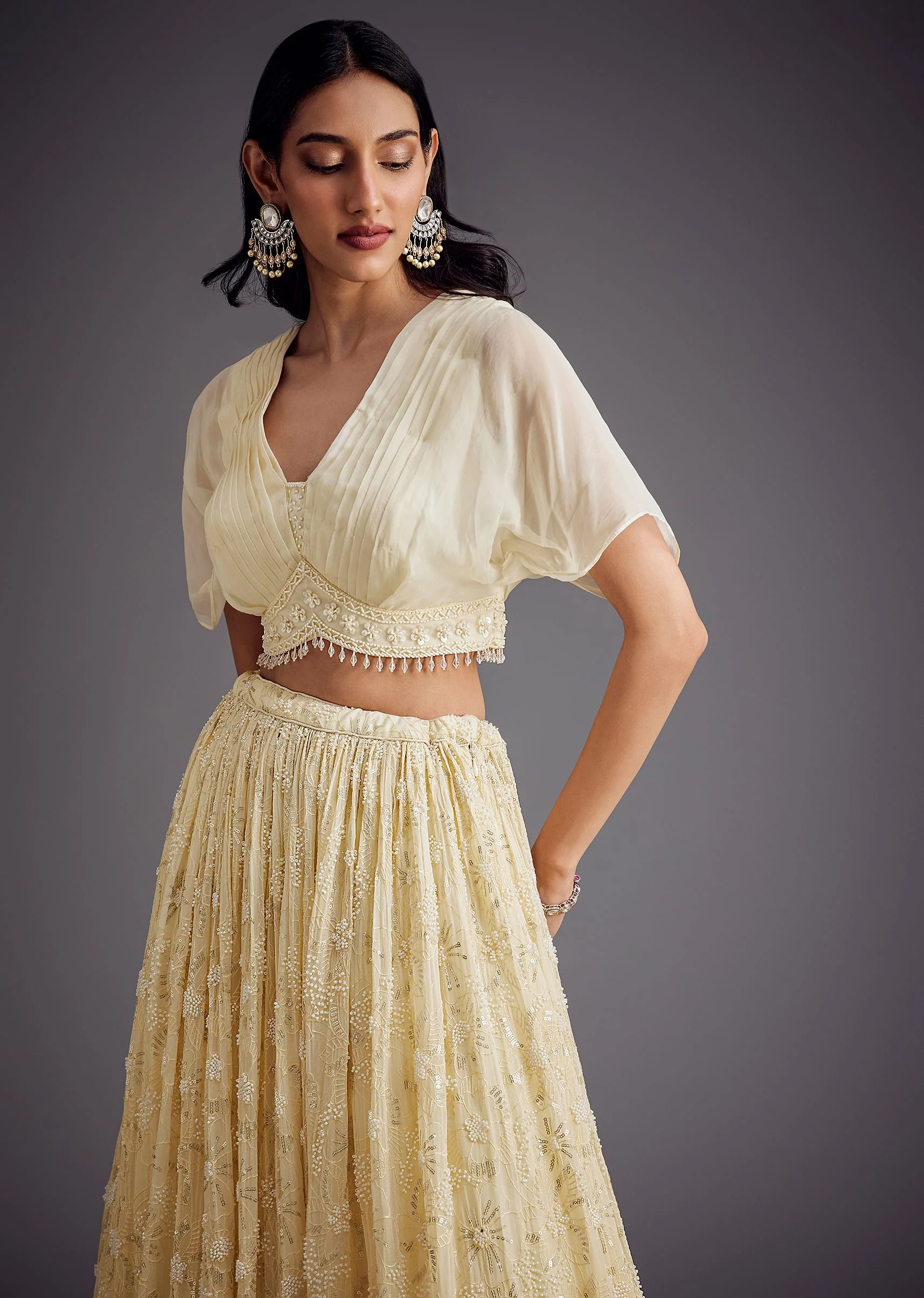 Off White Embroidered Pleated Skirt With Sheer Layered Croptop - Image 5