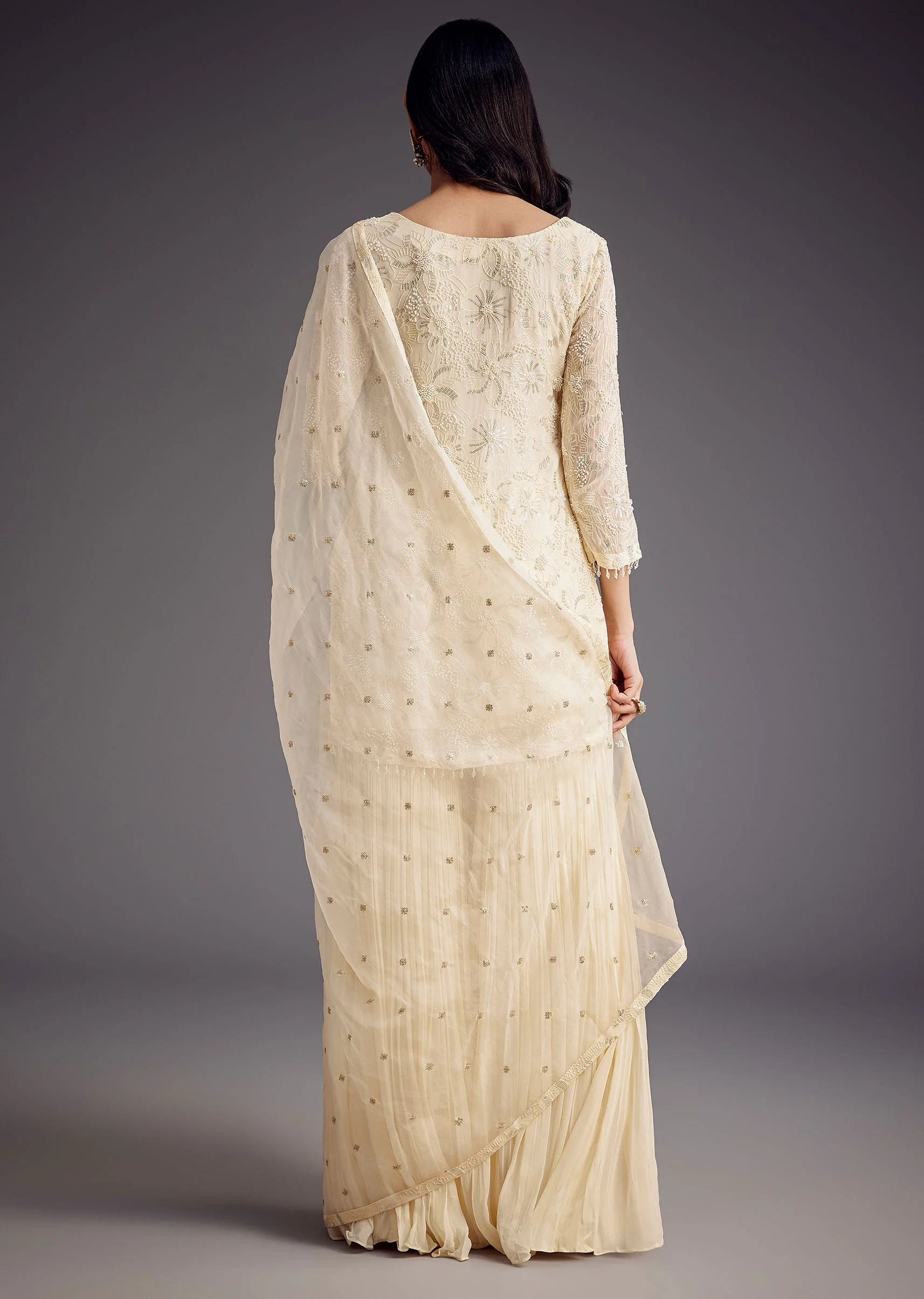 Off White Embroidered Sharara Set With Organza Dupatta - Image 6
