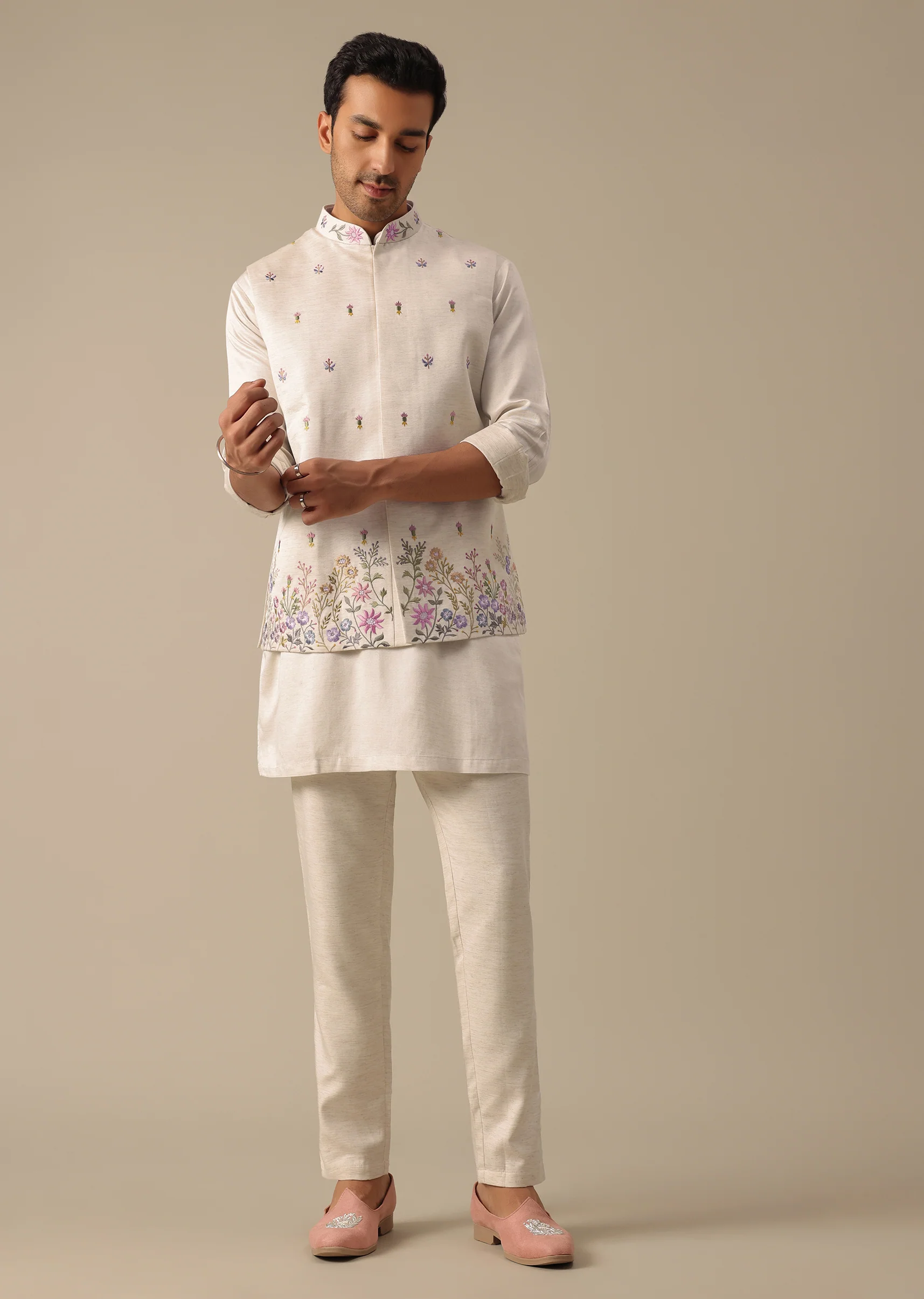 Off White Floral Embroidered Jacket Kurta Set - Image 2