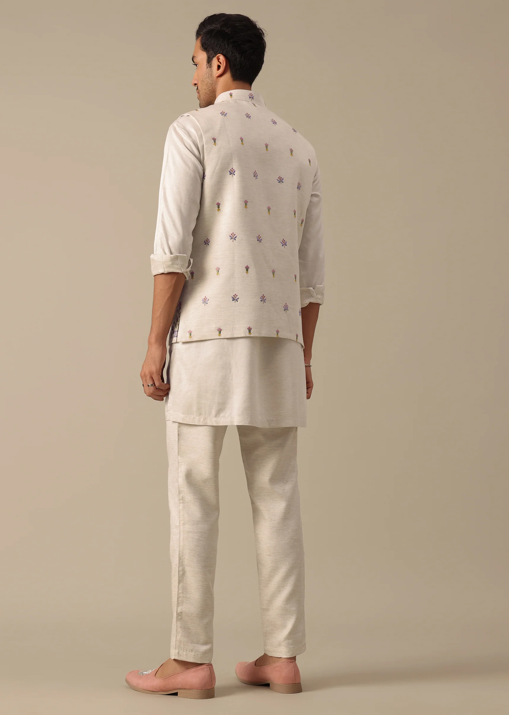 Off White Floral Embroidered Jacket Kurta Set - Image 6