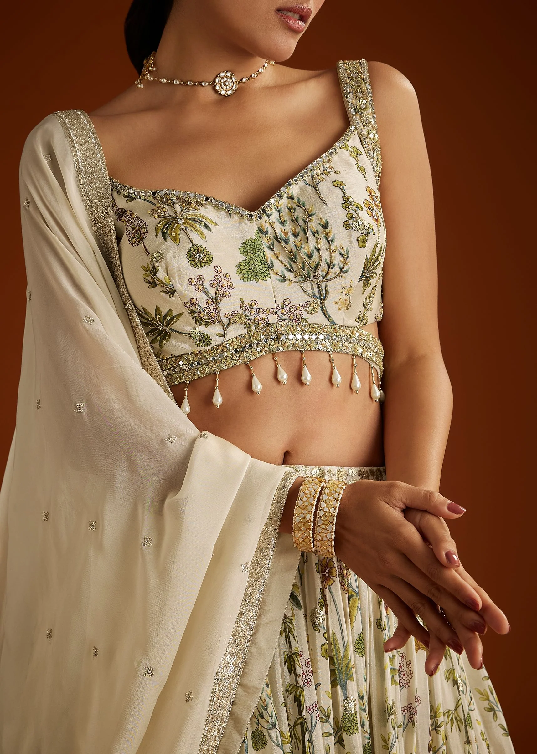 Off White Floral Printed Lehenga Choli With Butti Work Dupatta - Image 2