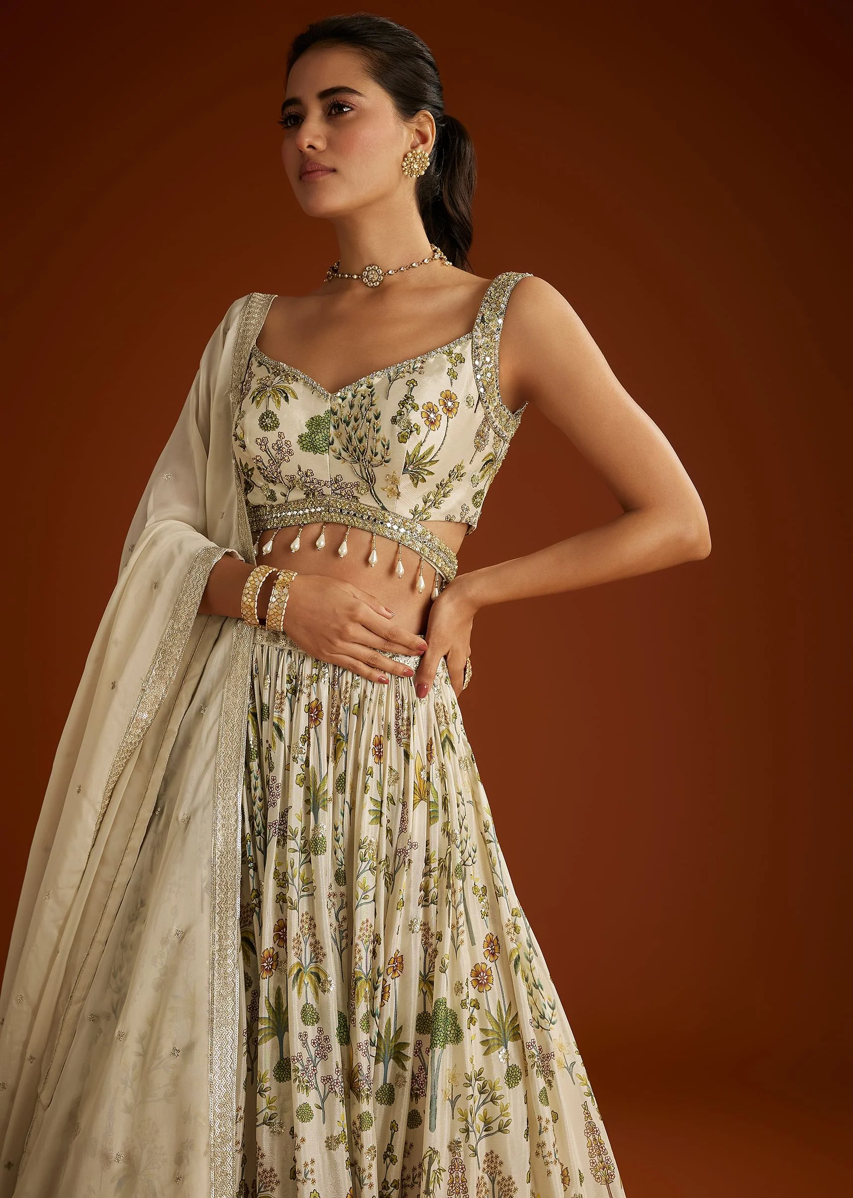 Off White Floral Printed Lehenga Choli With Butti Work Dupatta - Image 4