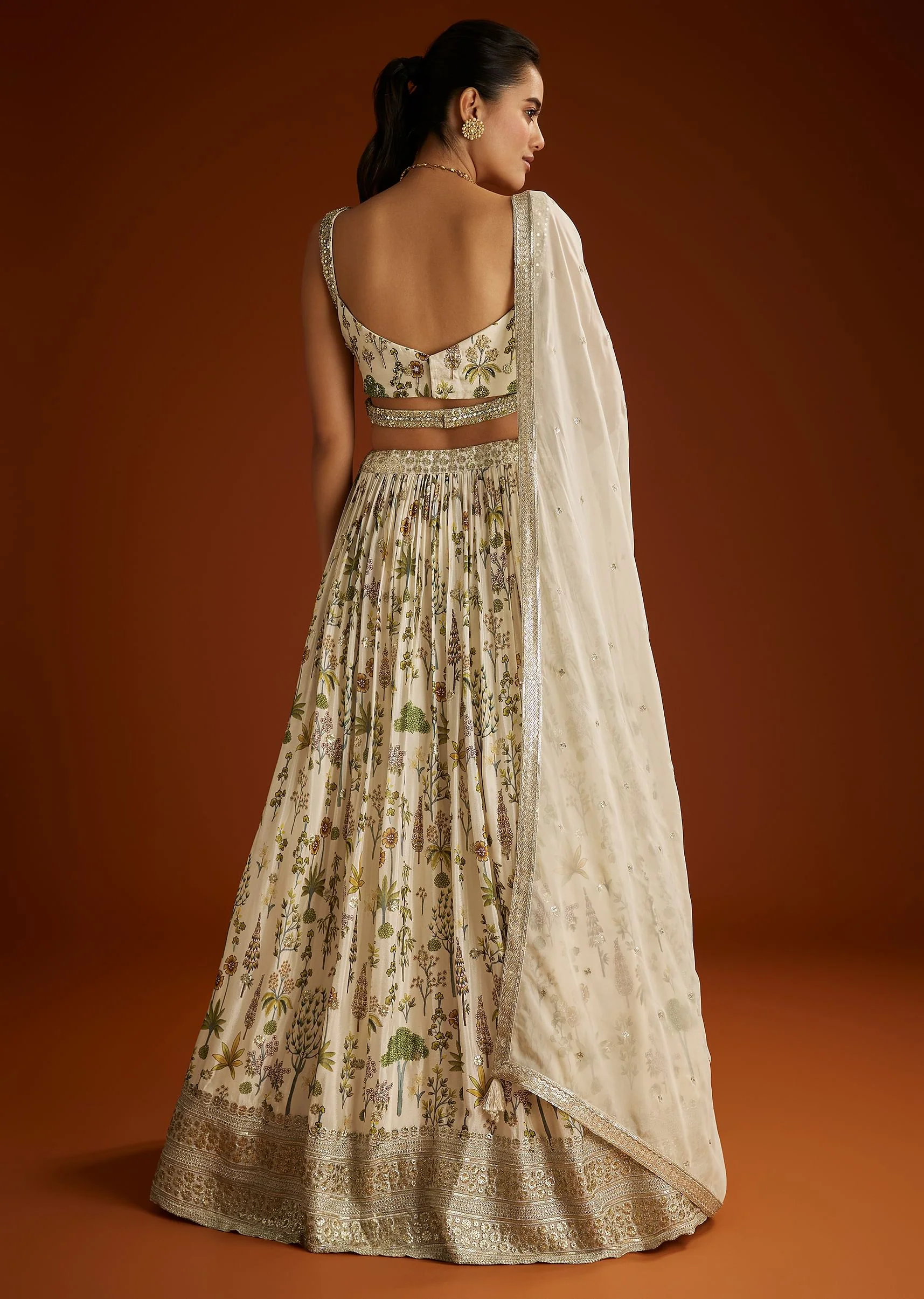 Off White Floral Printed Lehenga Choli With Butti Work Dupatta - Image 5