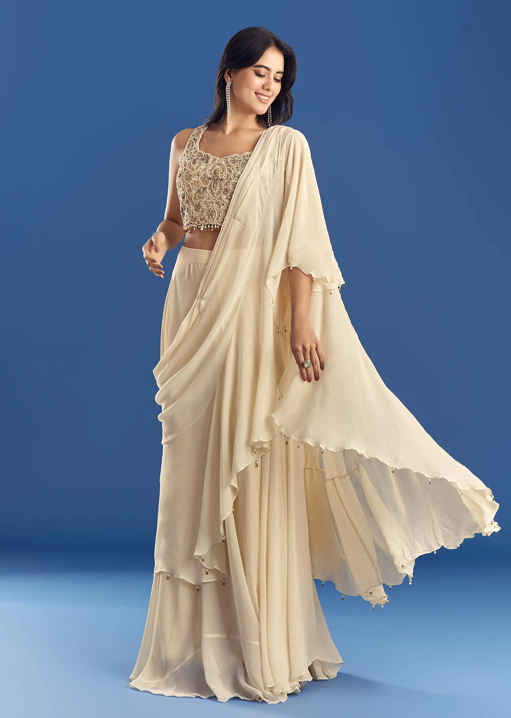 Off White Georgette Pre Draped Saree With Moti Zardosi Work - Image 3
