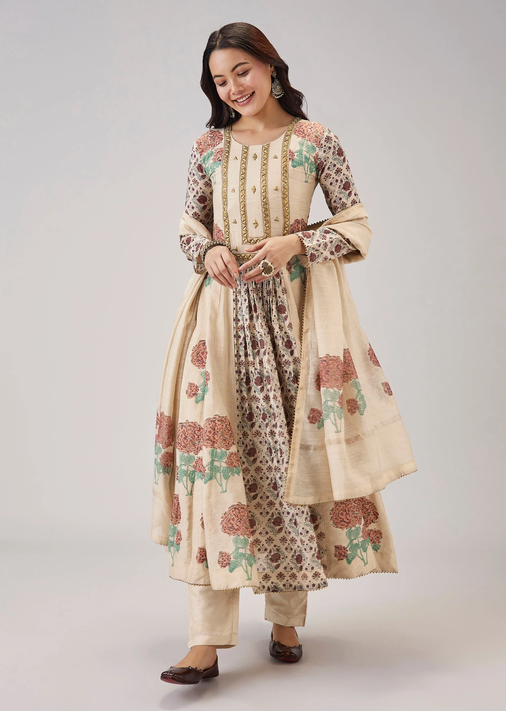 Off White Hand Block Print Anarkali With Sequins Work - Image 3
