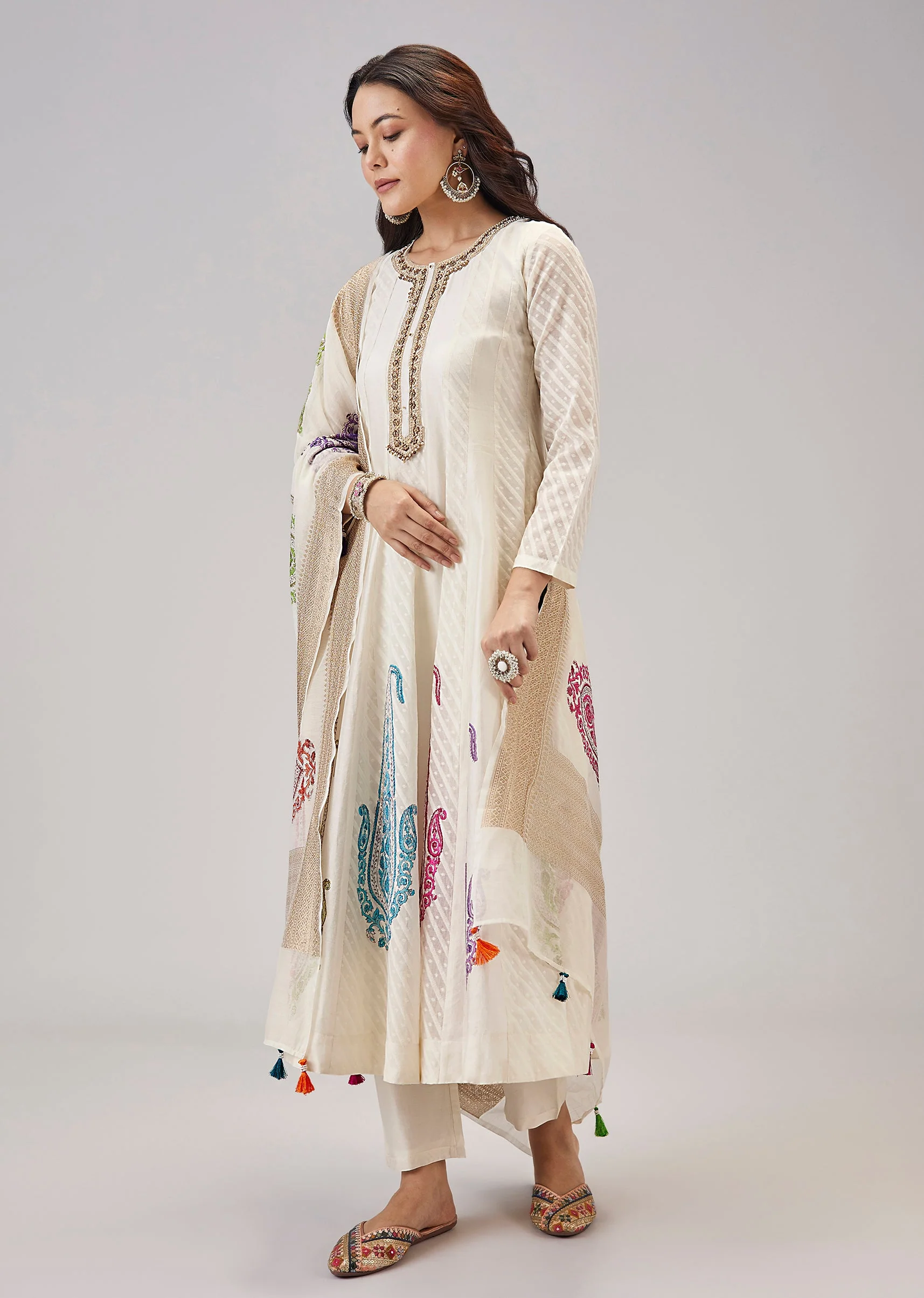 Off White Hand Block Print Anarkali With Zardosi And Moti Work - Image 3