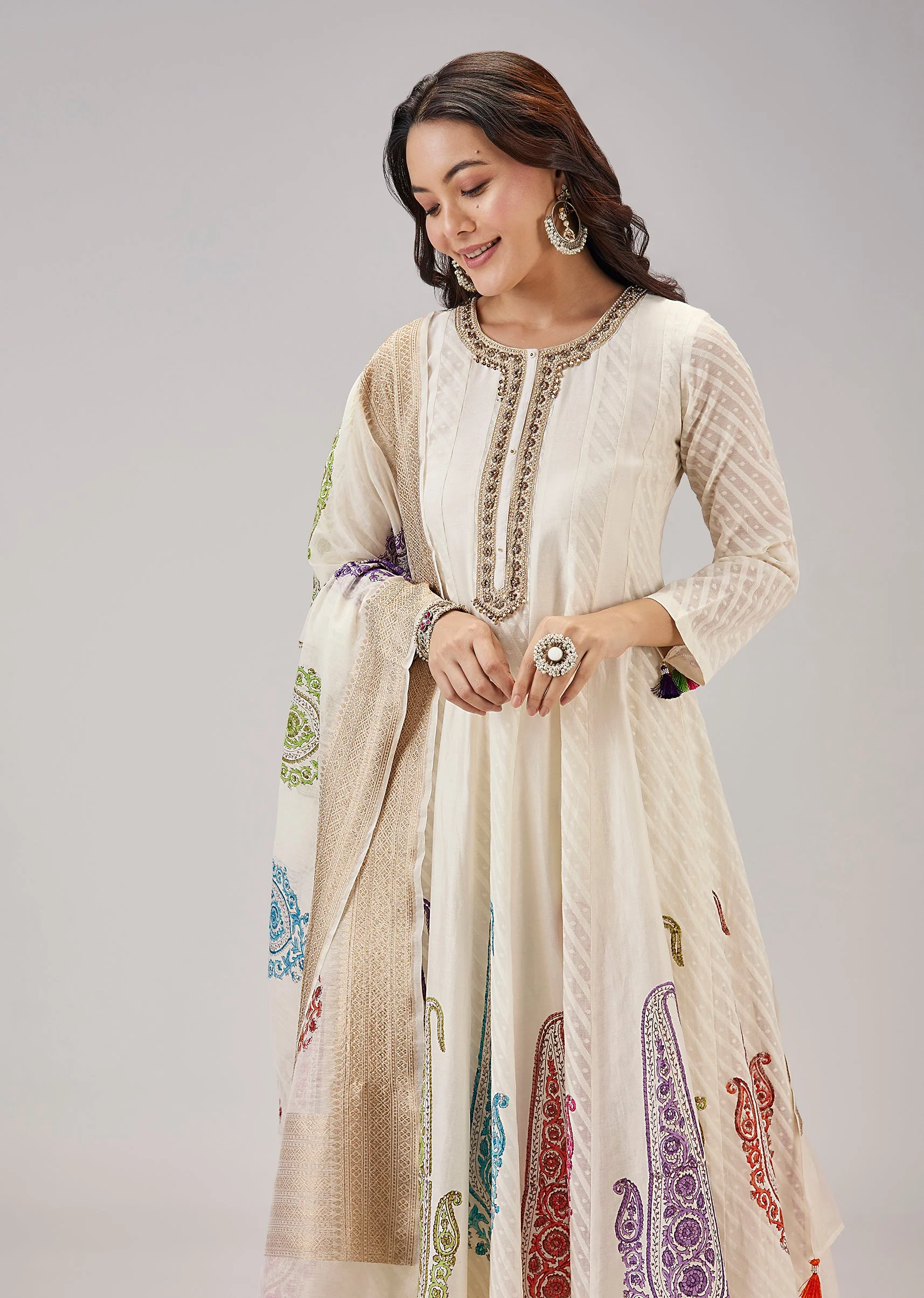 Off White Hand Block Print Anarkali With Zardosi And Moti Work - Image 4