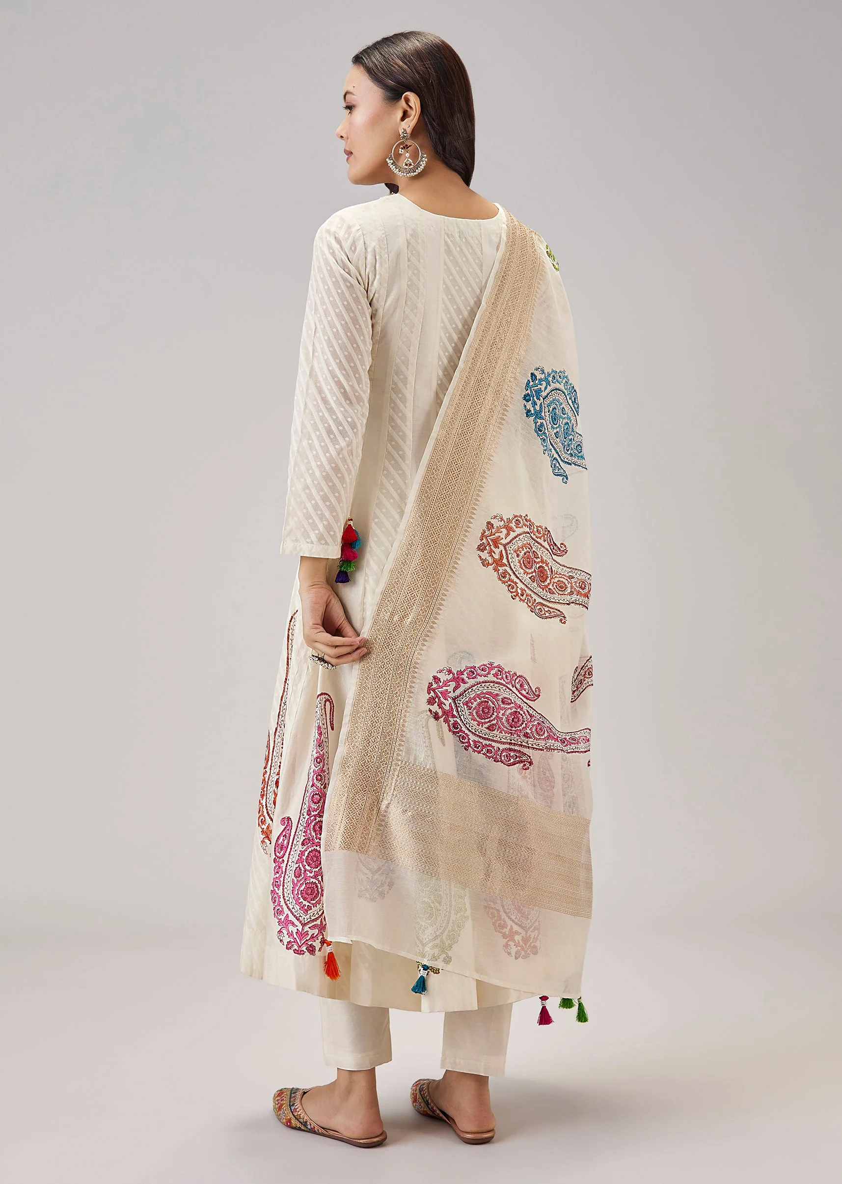 Off White Hand Block Print Anarkali With Zardosi And Moti Work - Image 5