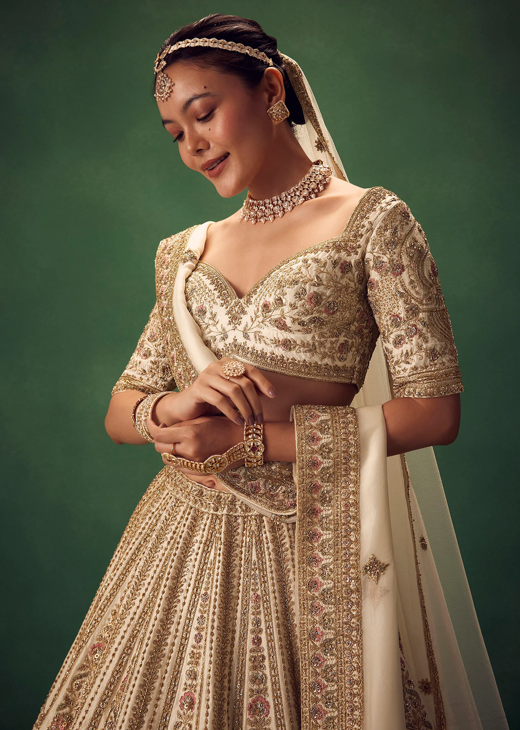 Off White Hand Embroidered Lehenga Set - Image 5