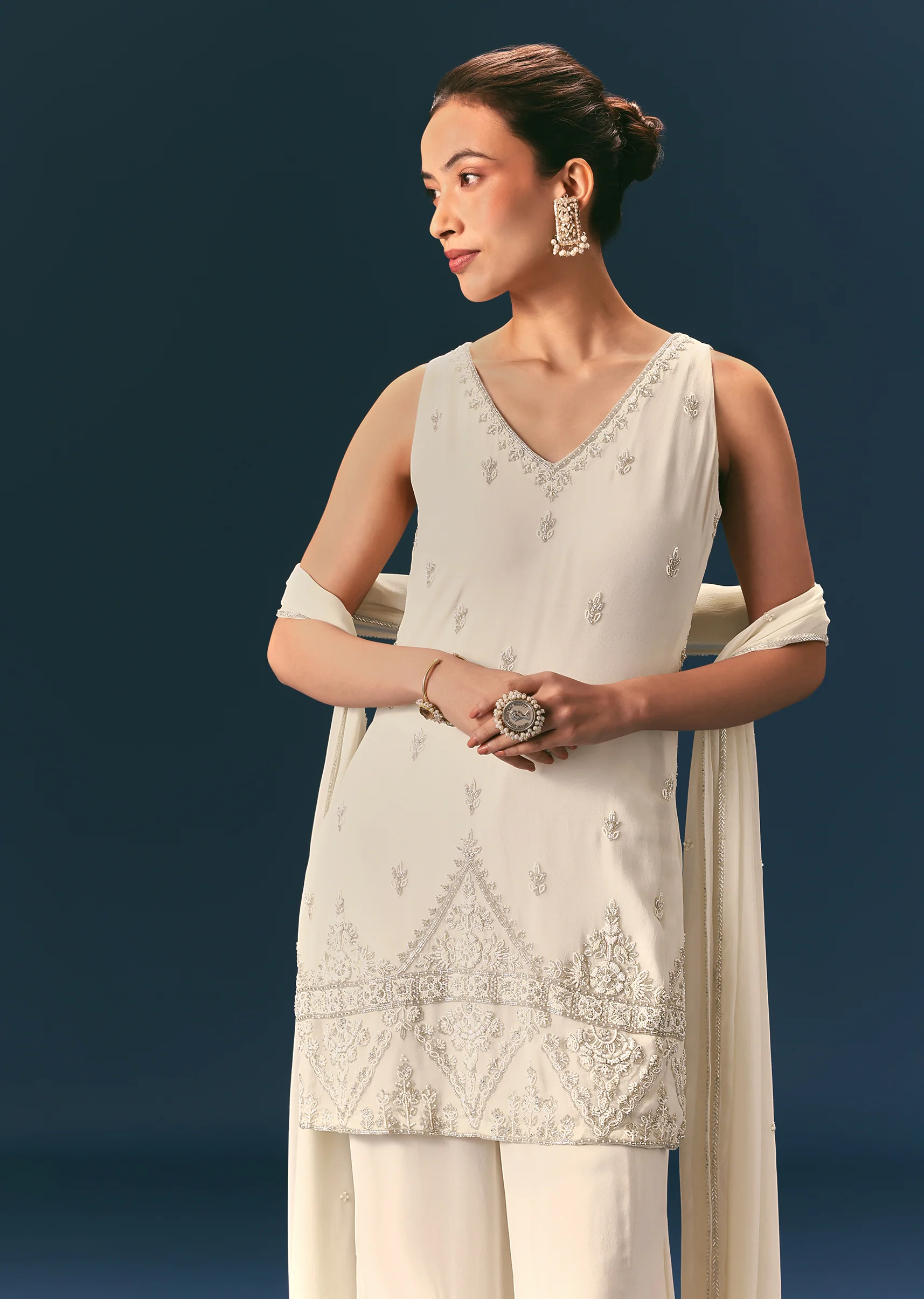 Off White Hand Embroidered Sharara Suit With Choker Dupatta - Image 3