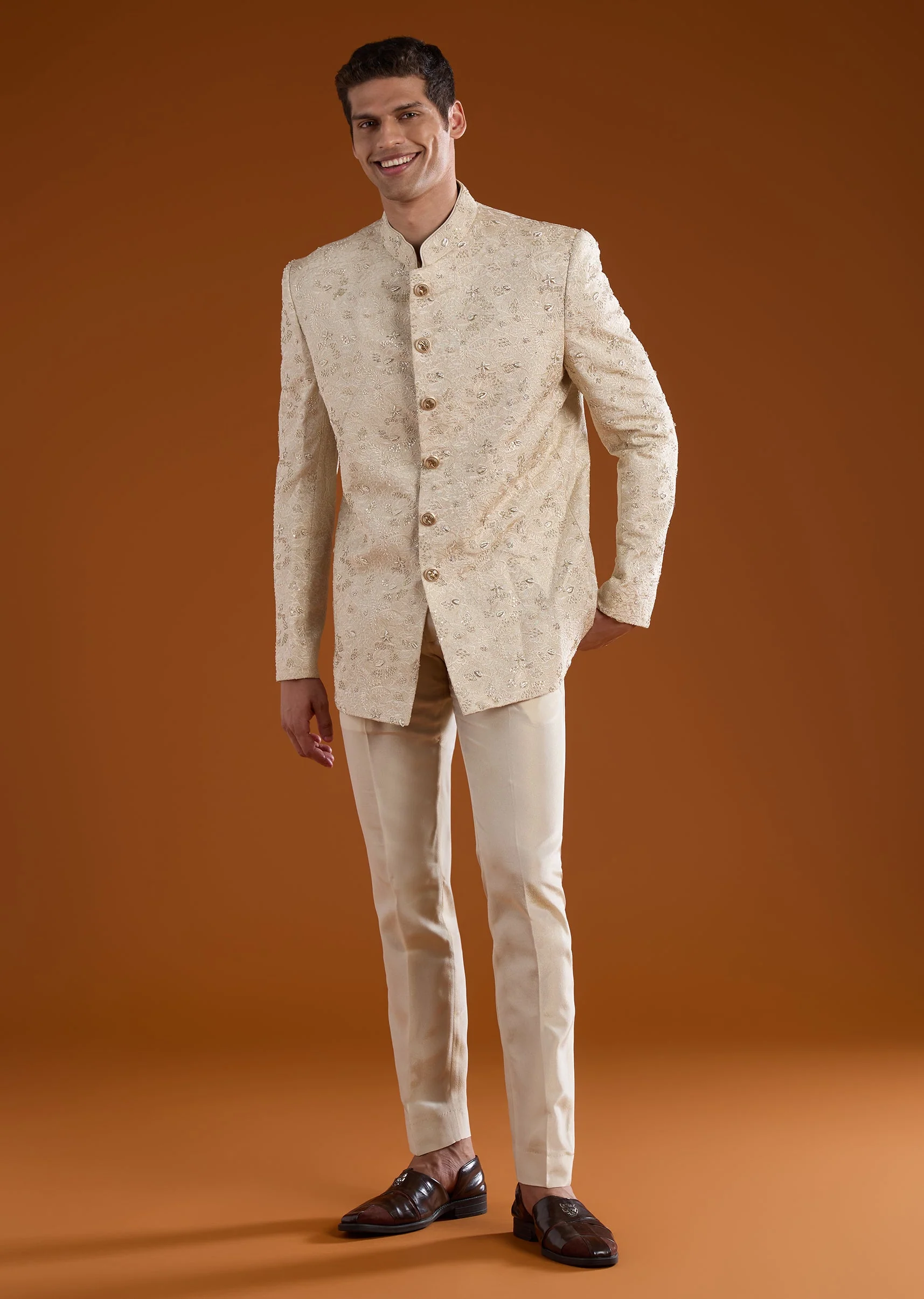 Off White Jacquard Silk Embroidered Jodhpuri Set - Image 2
