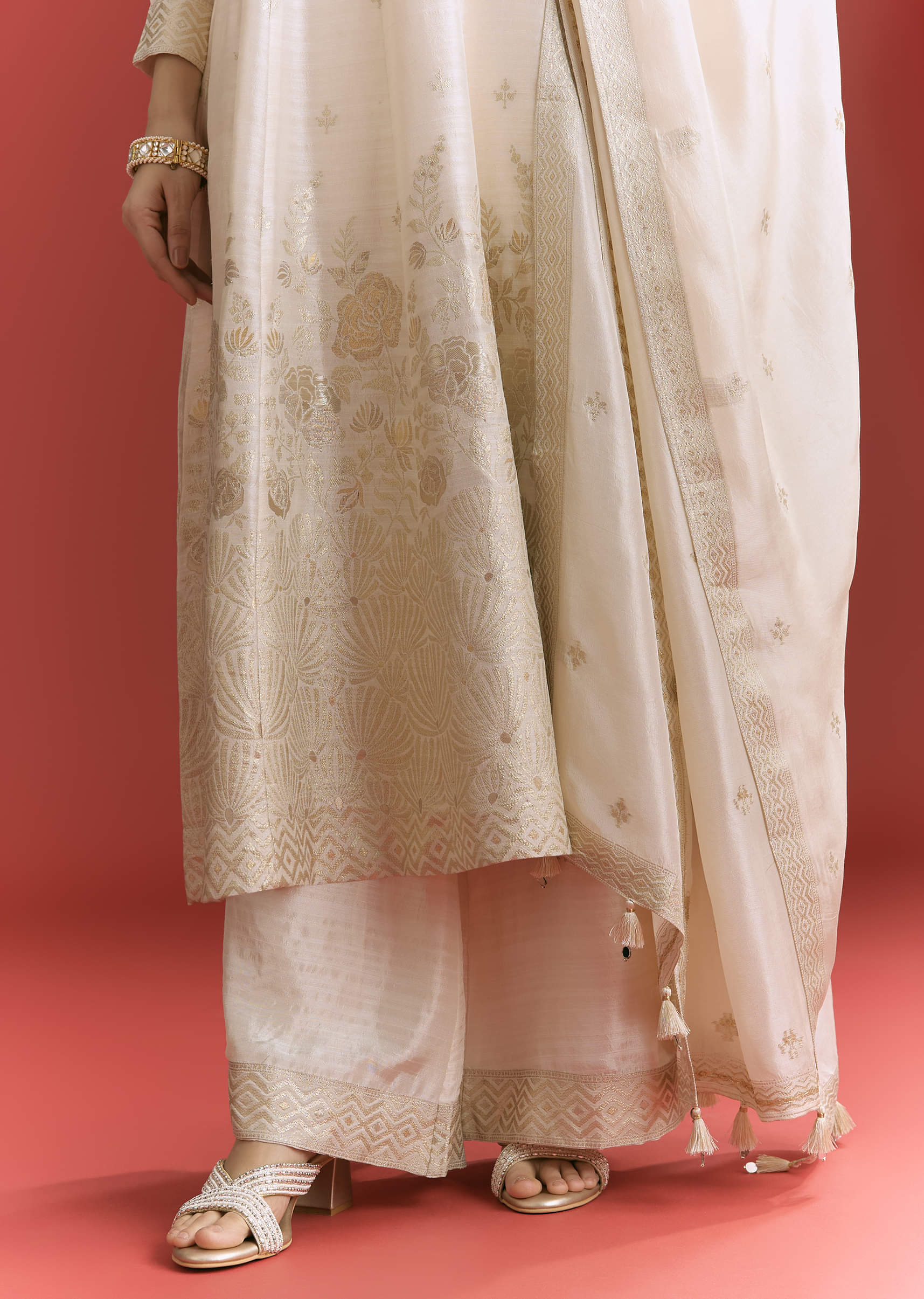 Off White Jaquard Silk Anarkali Suit With Dupatta - Image 6