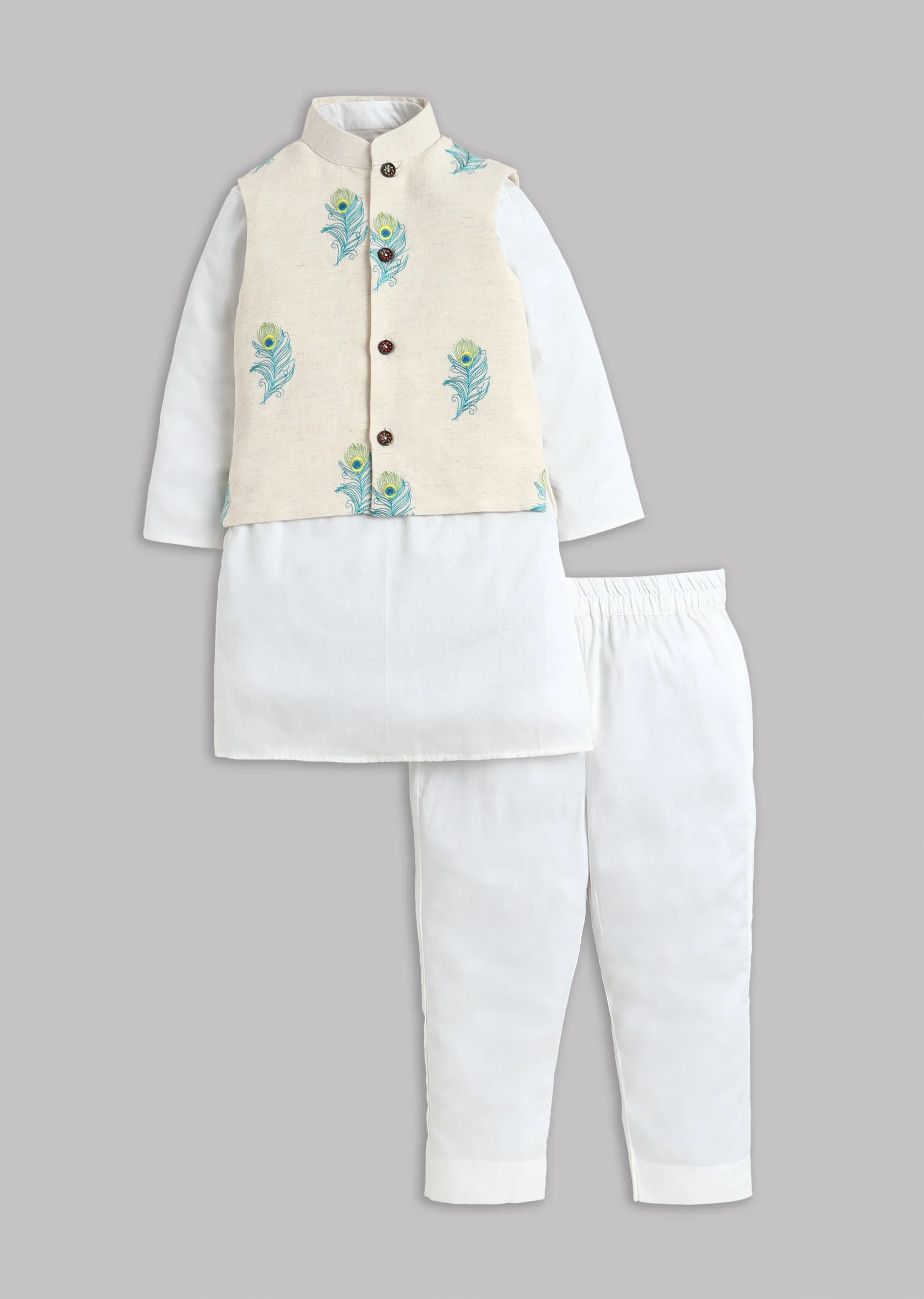 Off White Kurta Pant Set With Peacock Feather Embroidered Jacket
