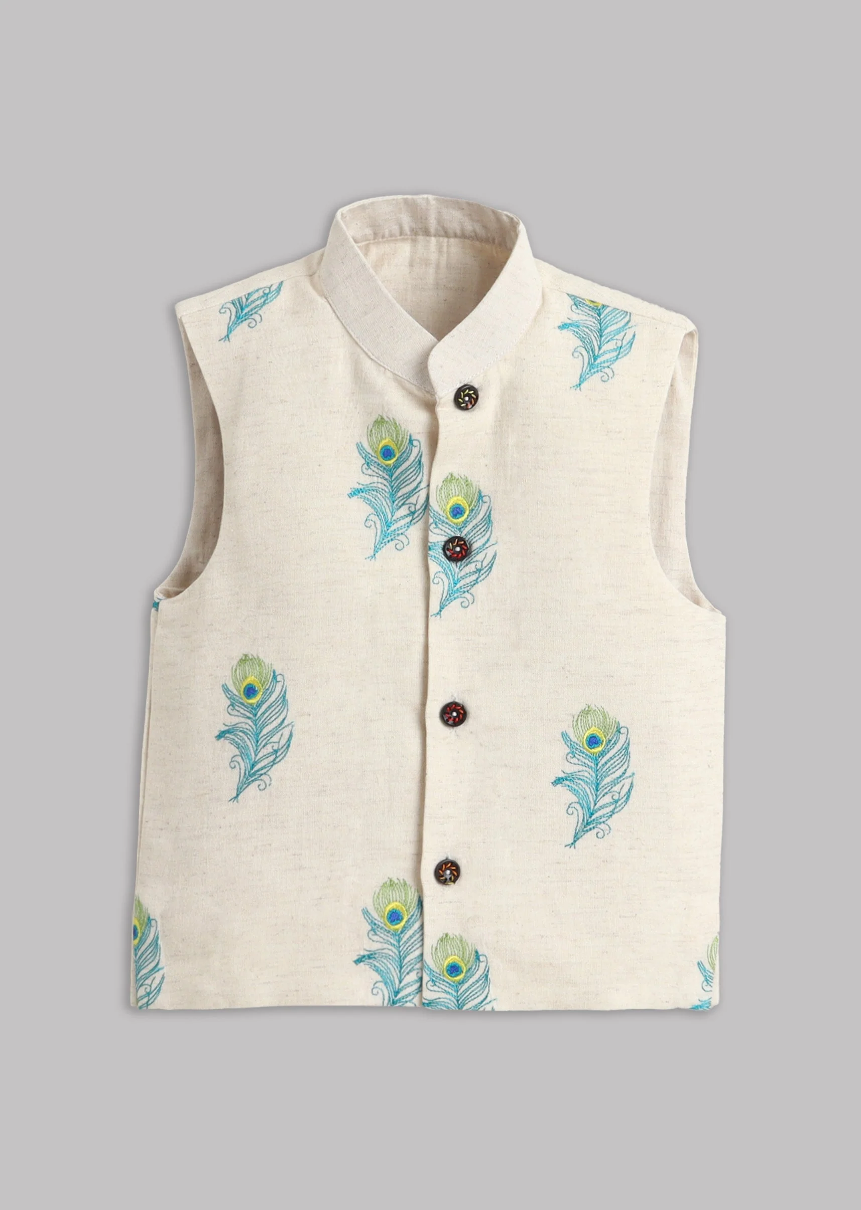 Off White Kurta Pant Set With Peacock Feather Embroidered Jacket - Image 5