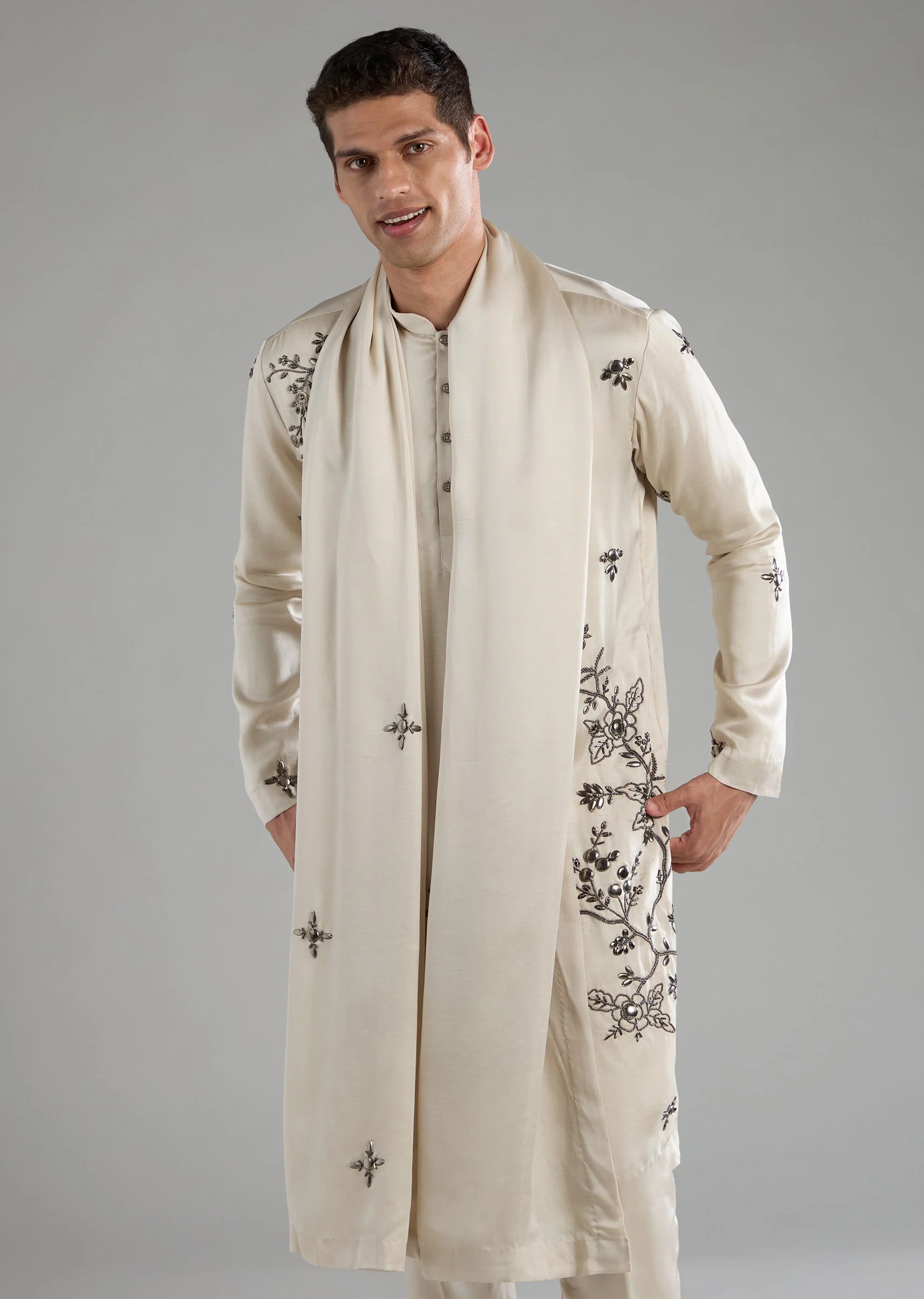 Off White Linen Blend Thread Embroidered Mens Kurta Set - Image 2