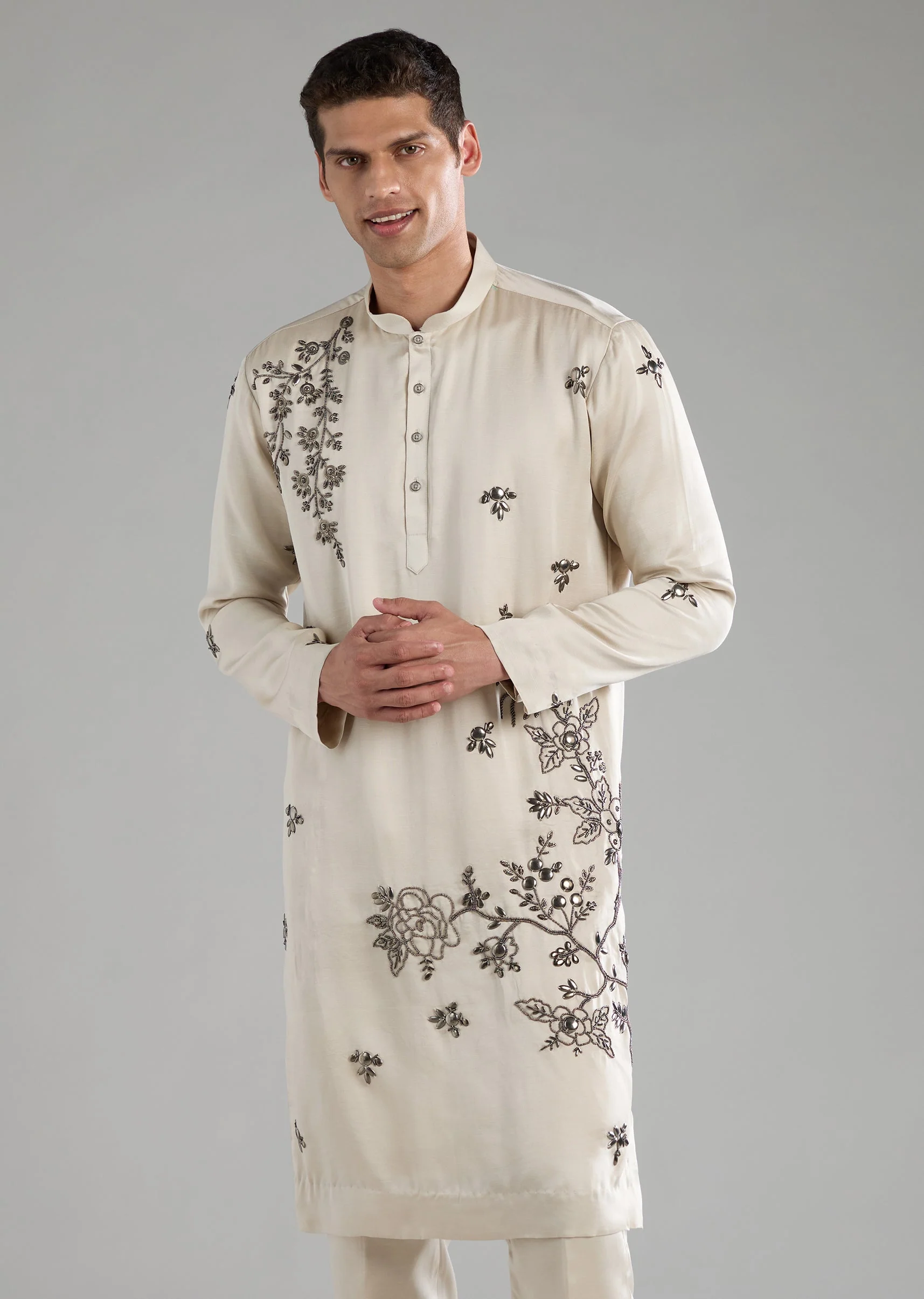 Off White Linen Blend Thread Embroidered Mens Kurta Set - Image 6