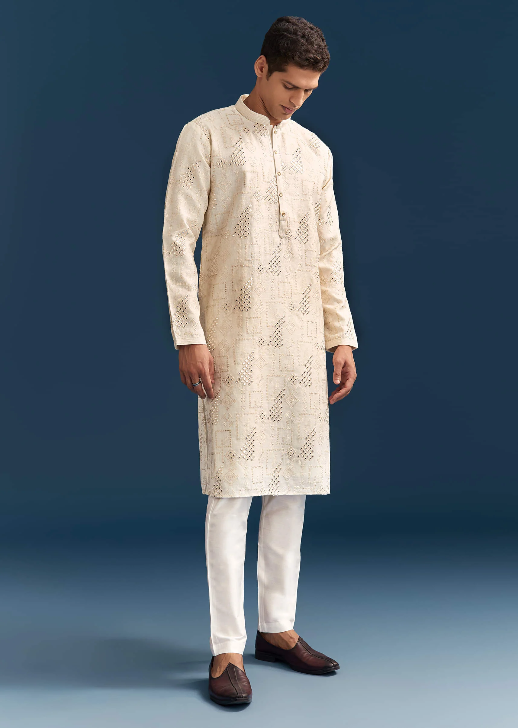 Off-White Linen Kurta Set For Men With Mirror Embroidery - Image 4