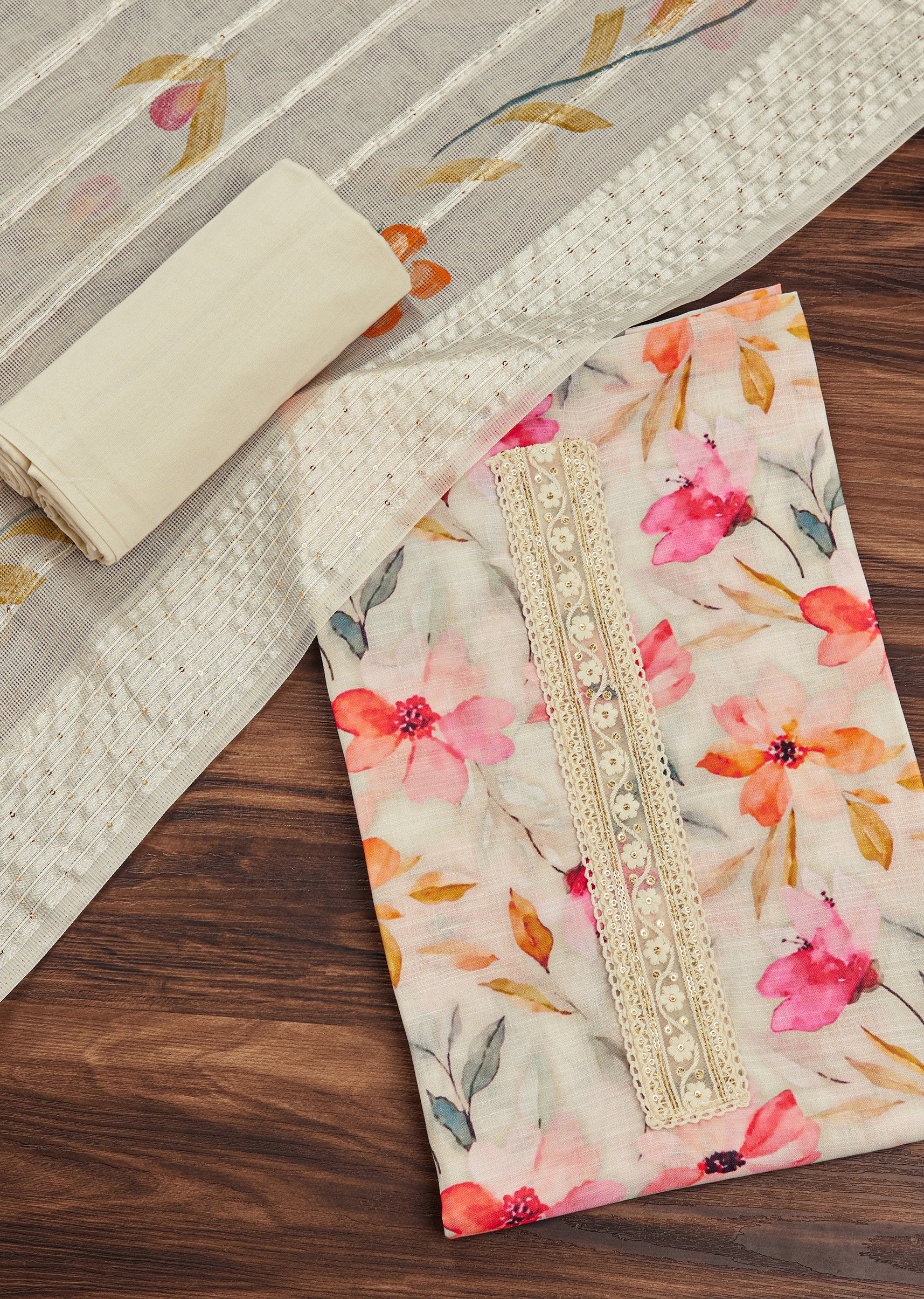 Off White Linen Unstitched Suit Set With Floral Print And Lace Detailing - Image 3