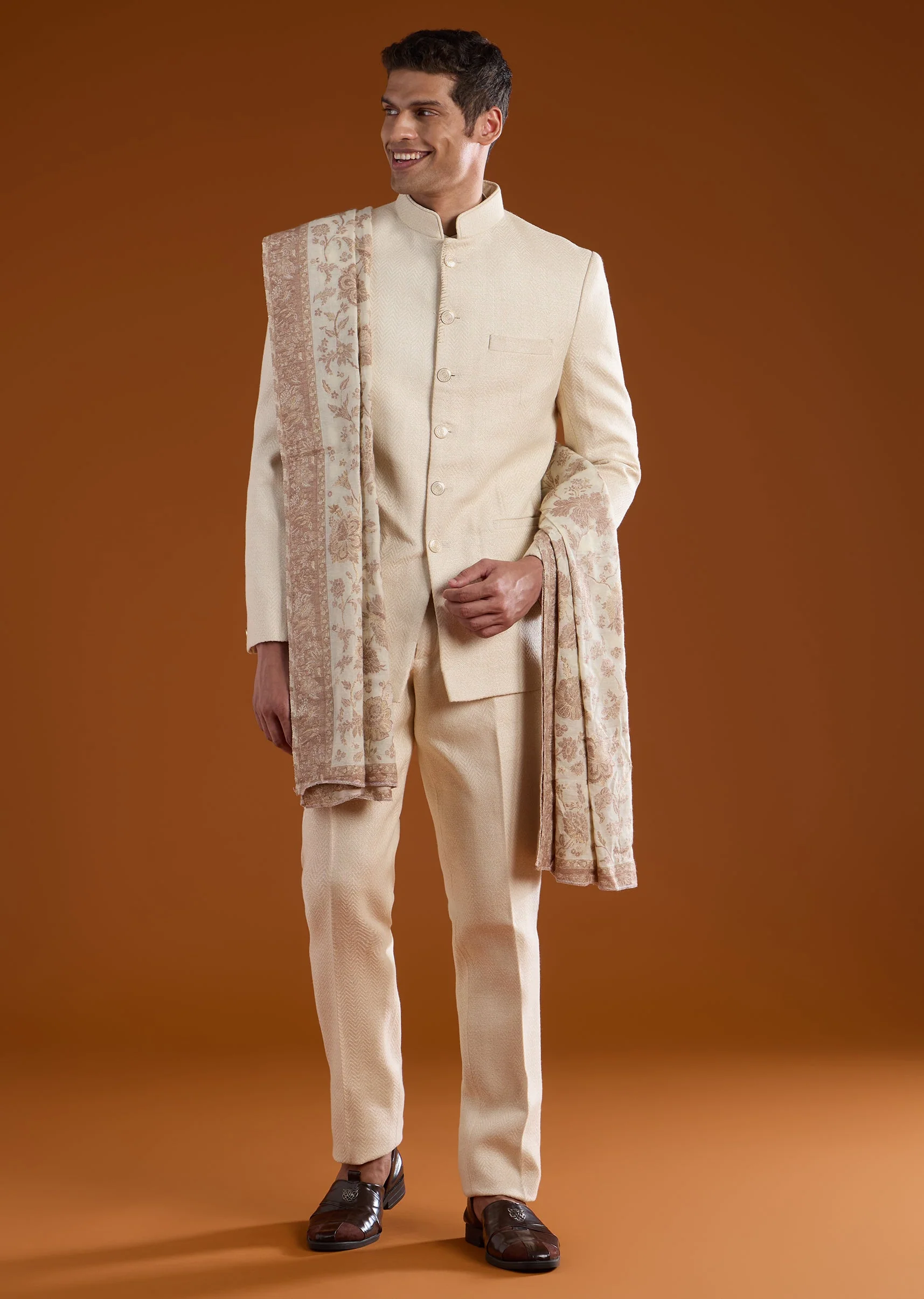 Off White Matka Silk Embroidered Jodhpuri Set