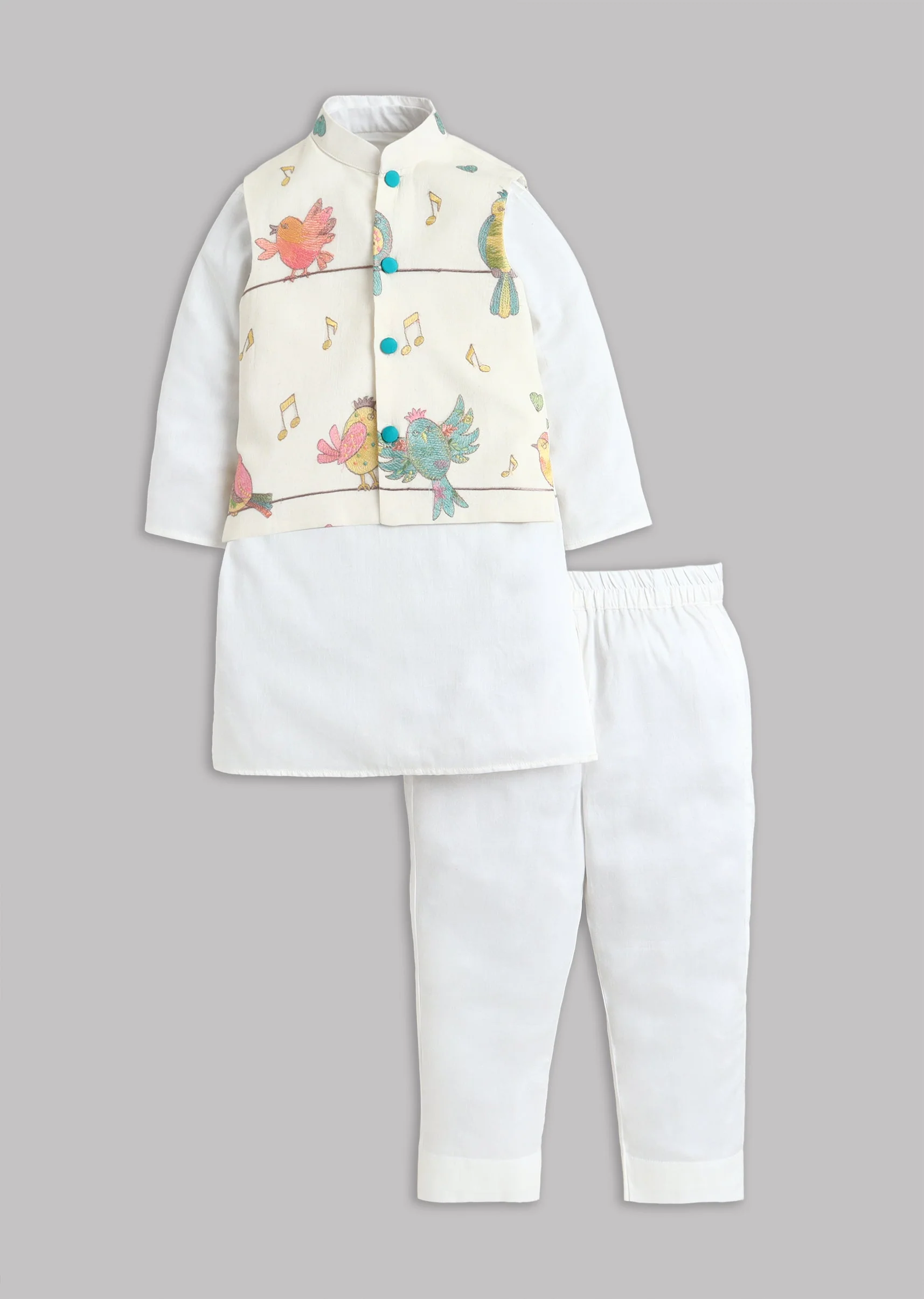 Off White Nehru Jacket Set With Bird Embroidery