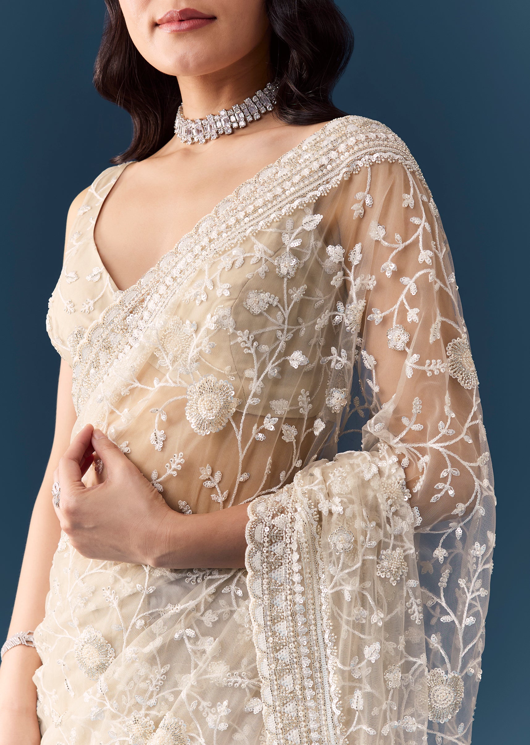 Off White Net Jaal Embellished Saree with Unstitched Blouse - Image 2