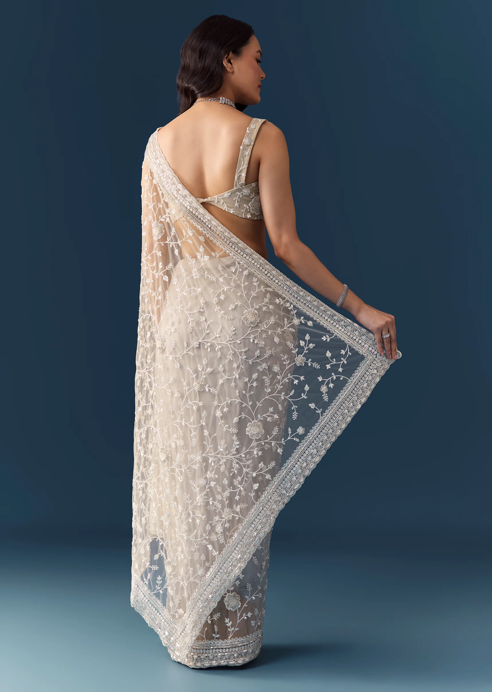 Off White Net Jaal Embellished Saree with Unstitched Blouse - Image 6