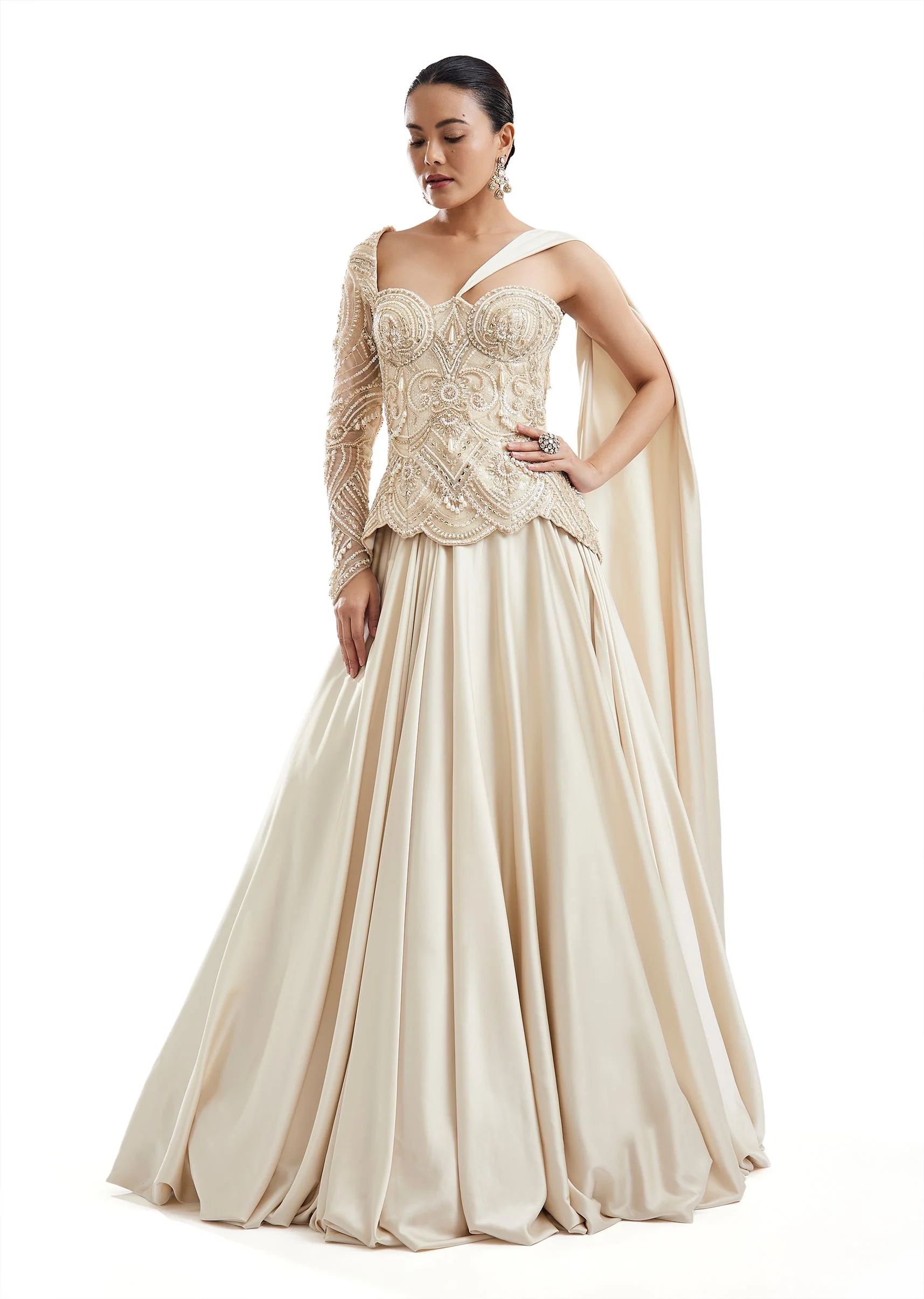Off-White One-Shoulder Lehenga With Attached Pallu - Image 4