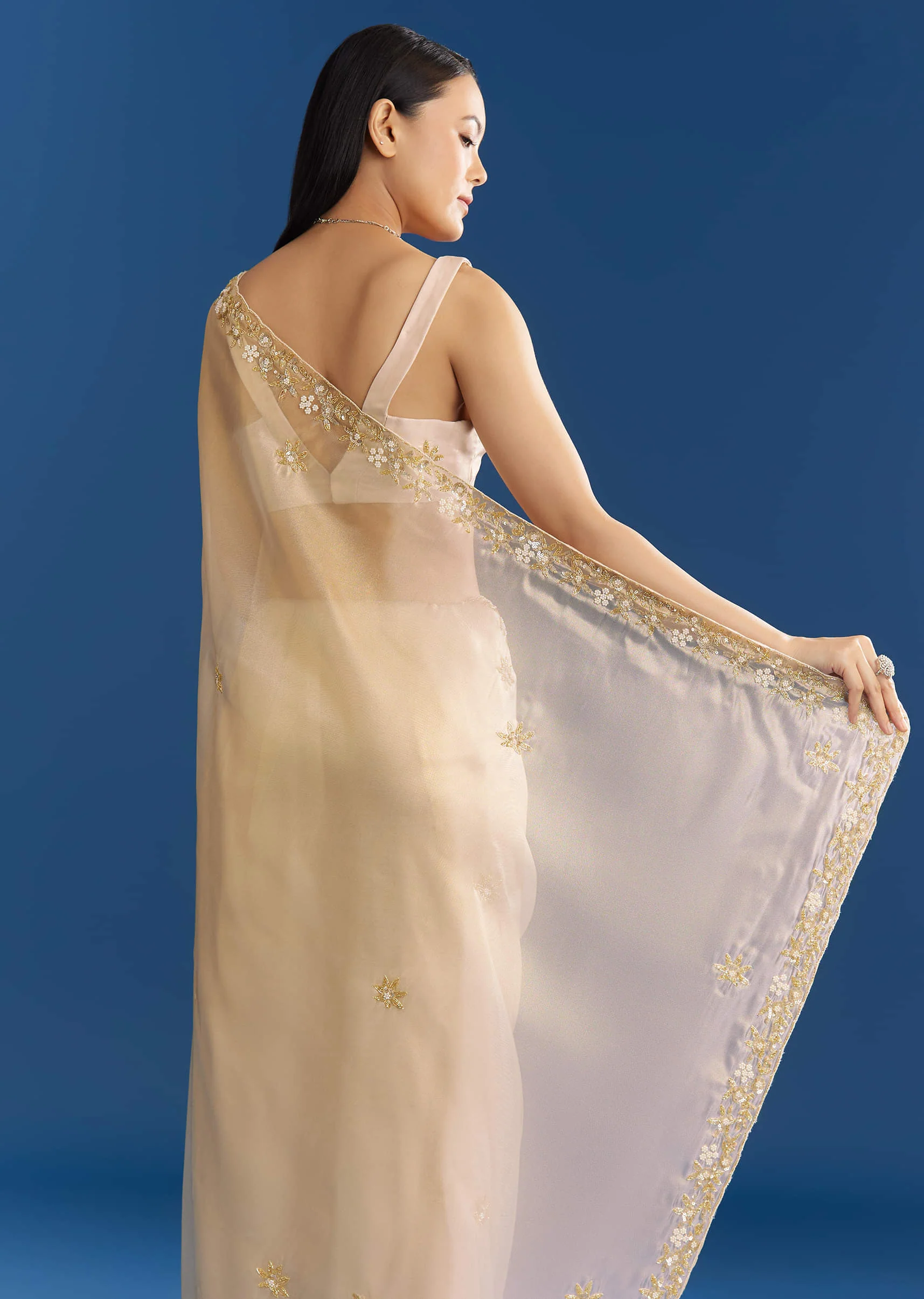 Off White Organza Tissue Saree With Beaded Scallop Border - Image 4