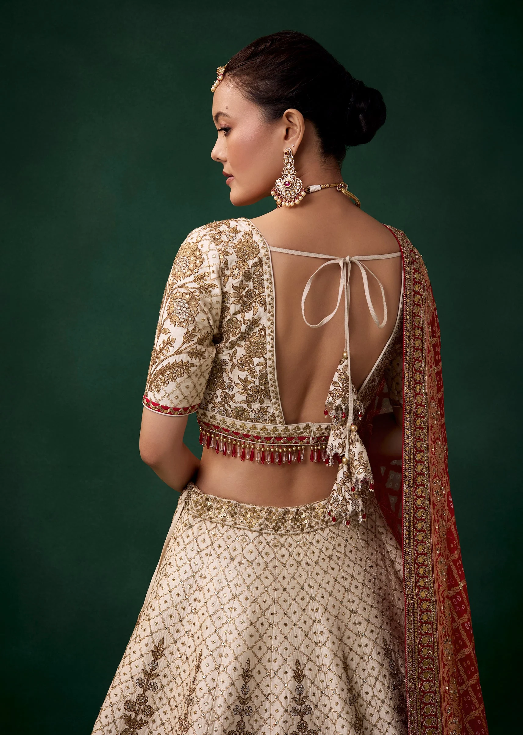 Off White Panetar Embroidered Bridal Lehenga With Two Dupattas - Image 5