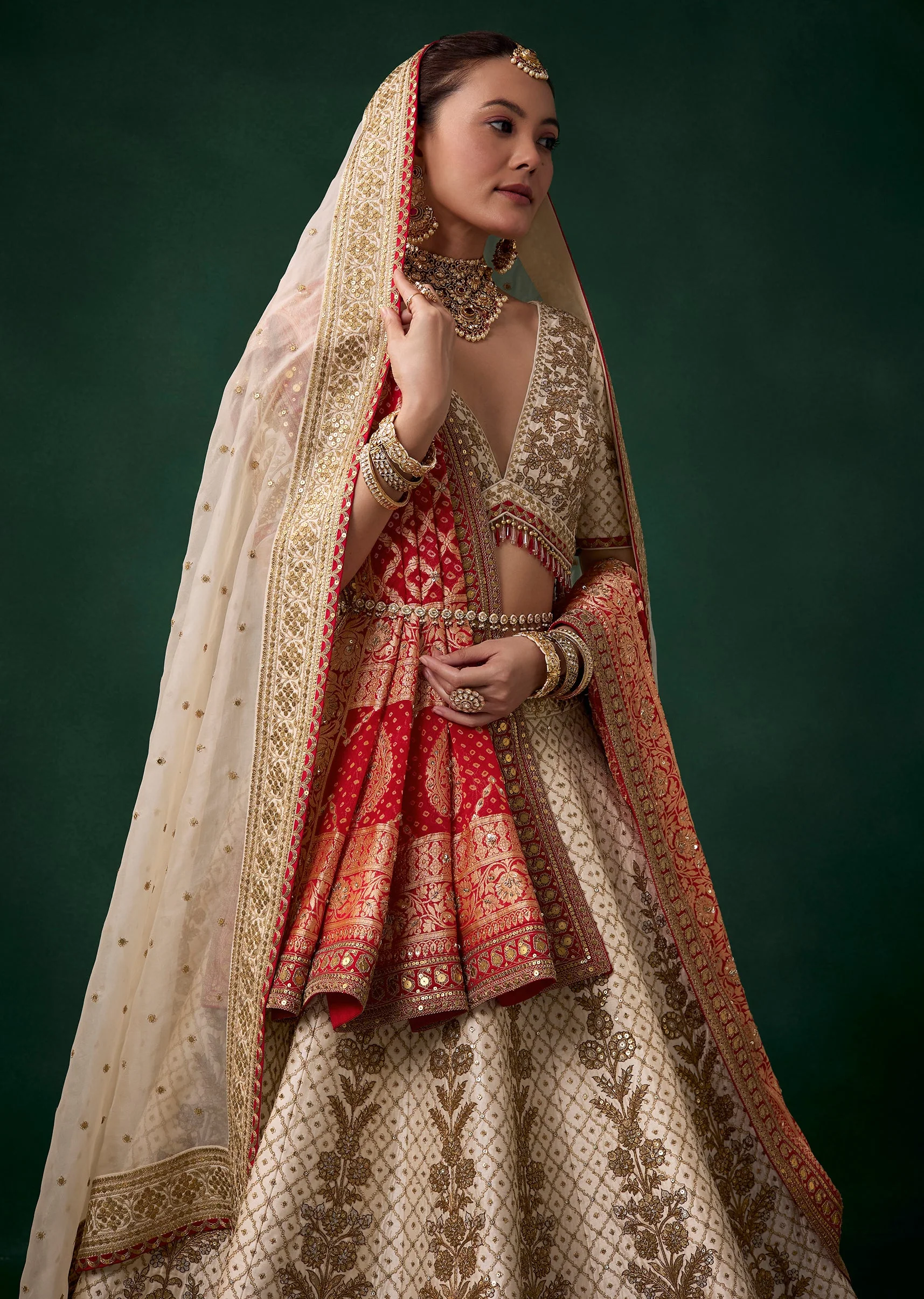Off White Panetar Embroidered Bridal Lehenga With Two Dupattas - Image 6