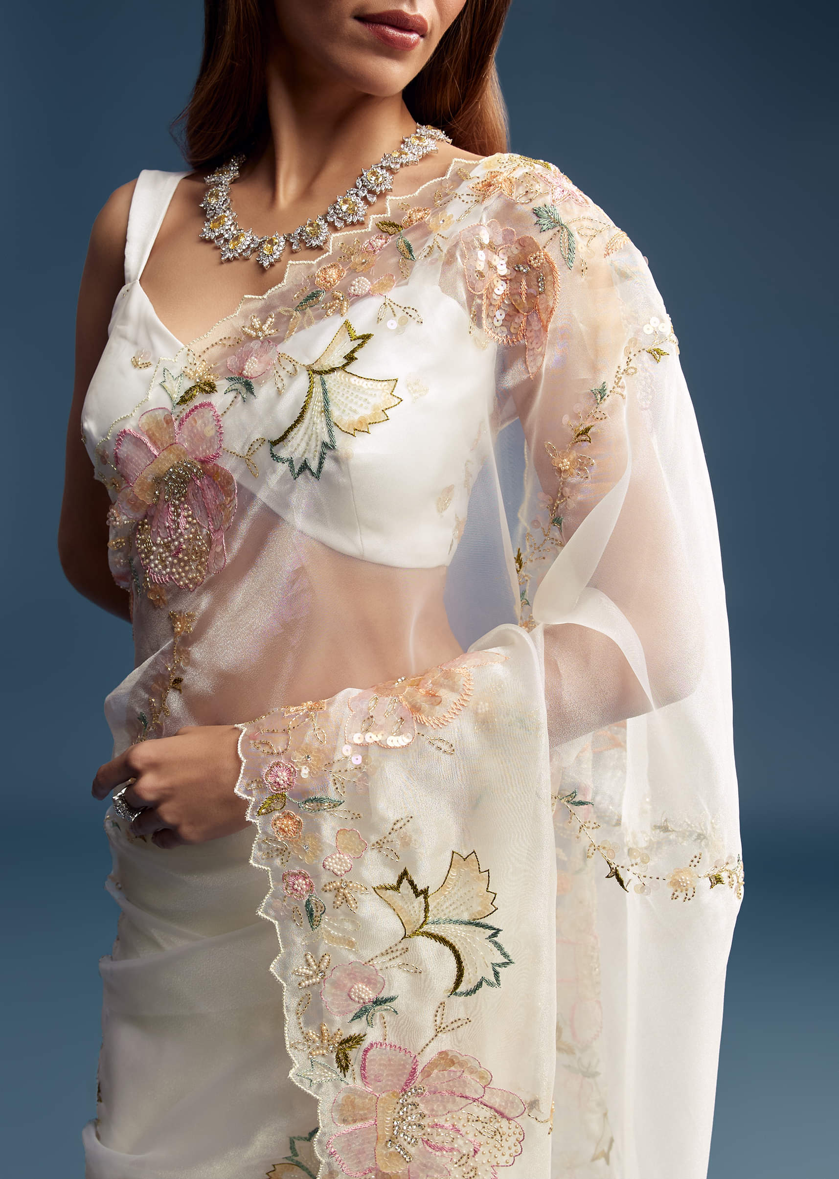 Off White Paper Tissue Saree With Floral Embroidery - Image 2
