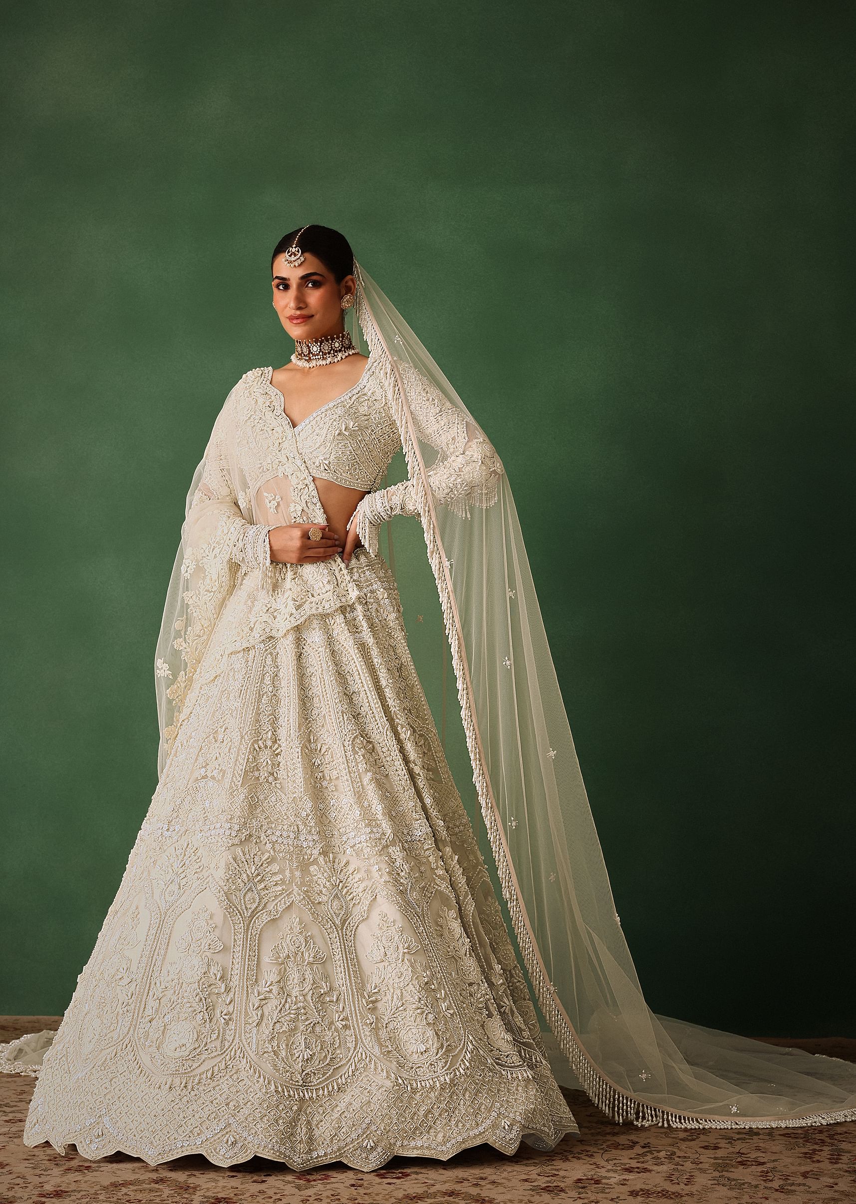 Off White Pearl Embroidered Lehenga Set With Dupatta - Image 2