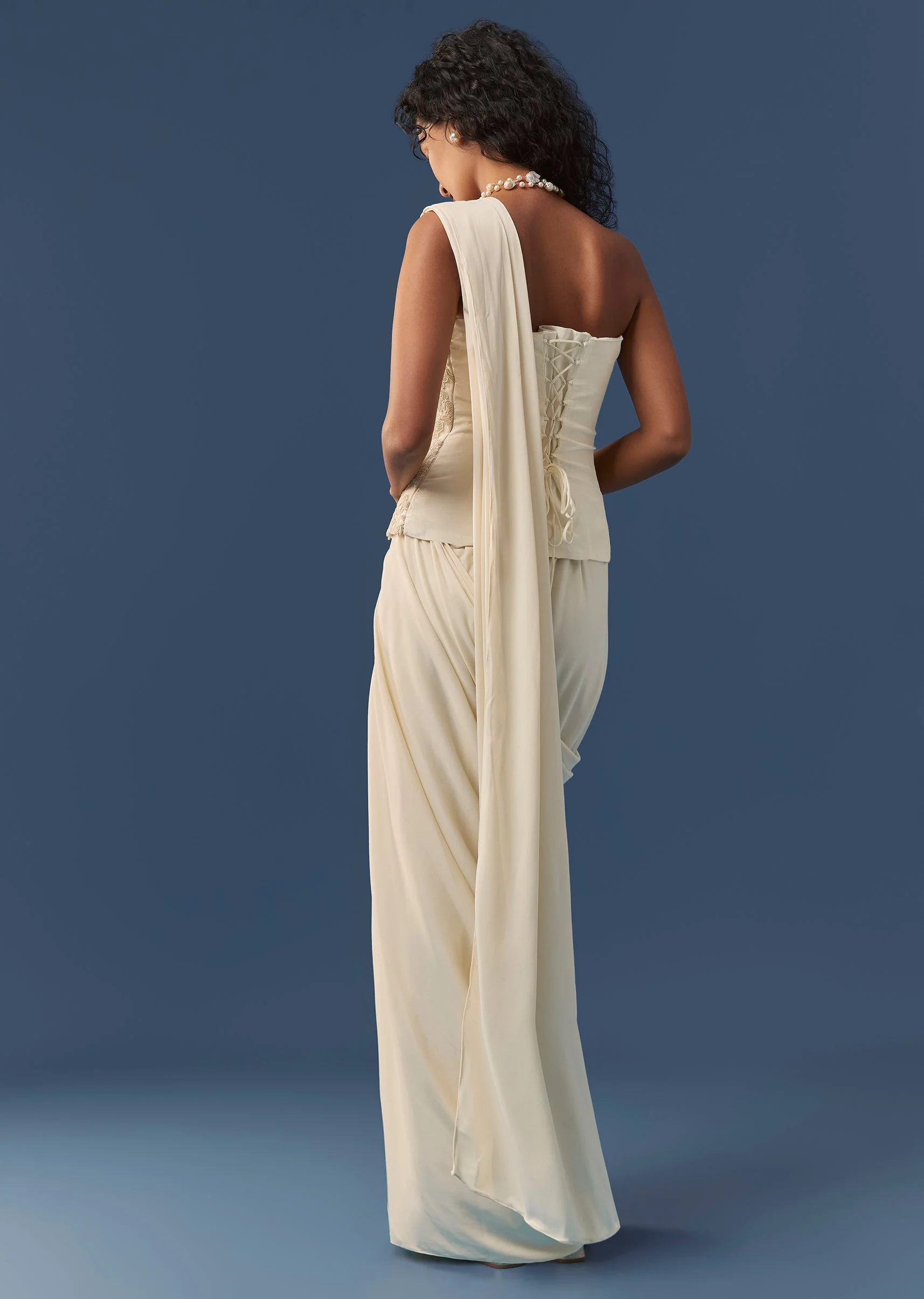 Off White Pre-Draped Saree with Corset Blouse - Image 5
