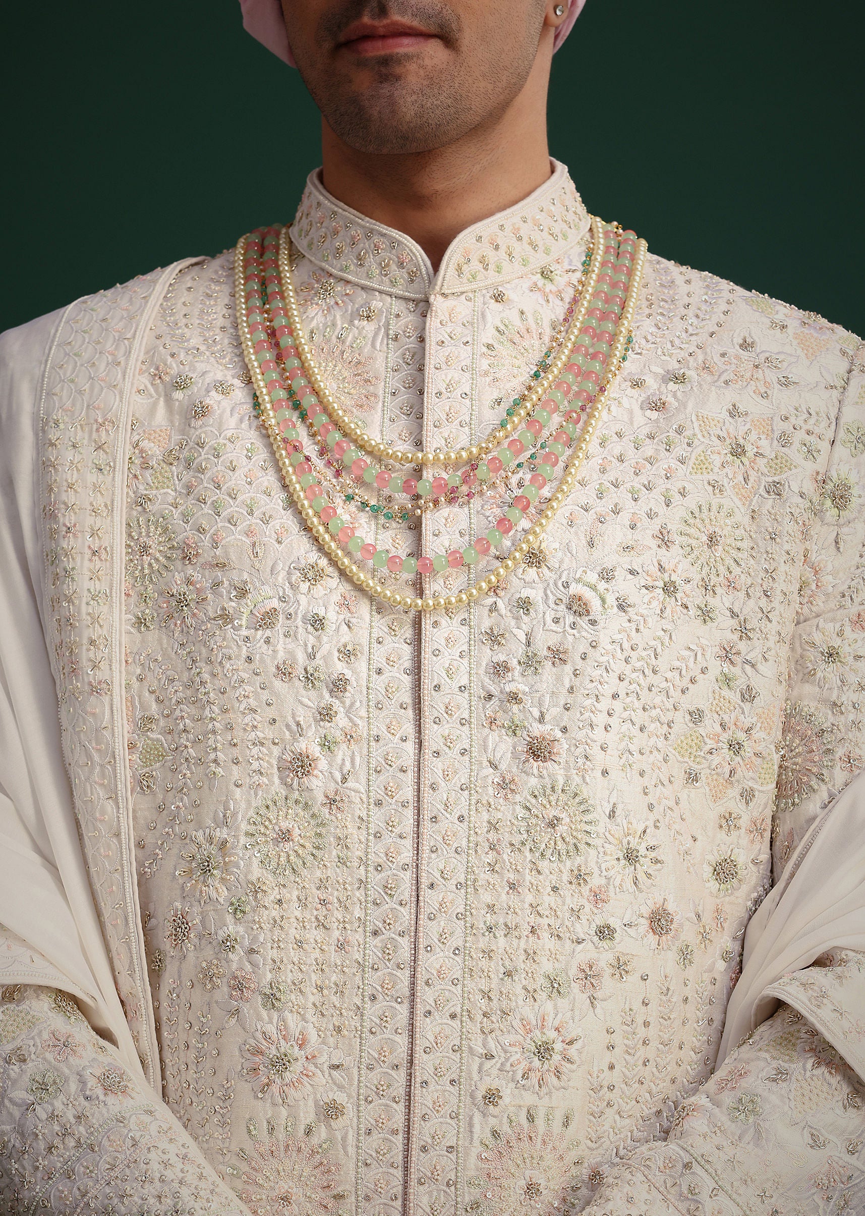 Off White Raw Silk Hand Embroidered Sherwani Dupatta Set - Image 3