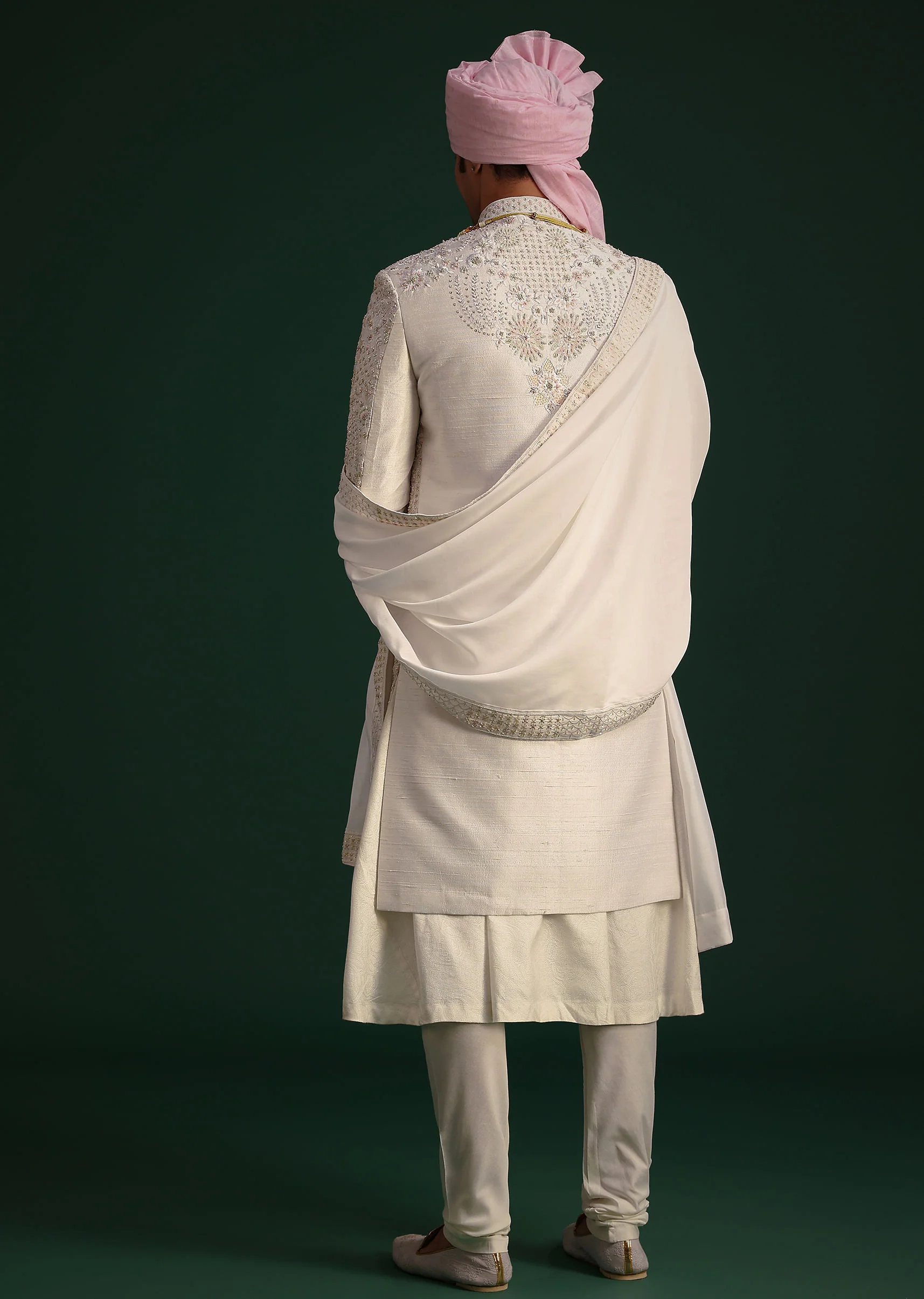 Off White Raw Silk Hand Embroidered Sherwani Dupatta Set - Image 5
