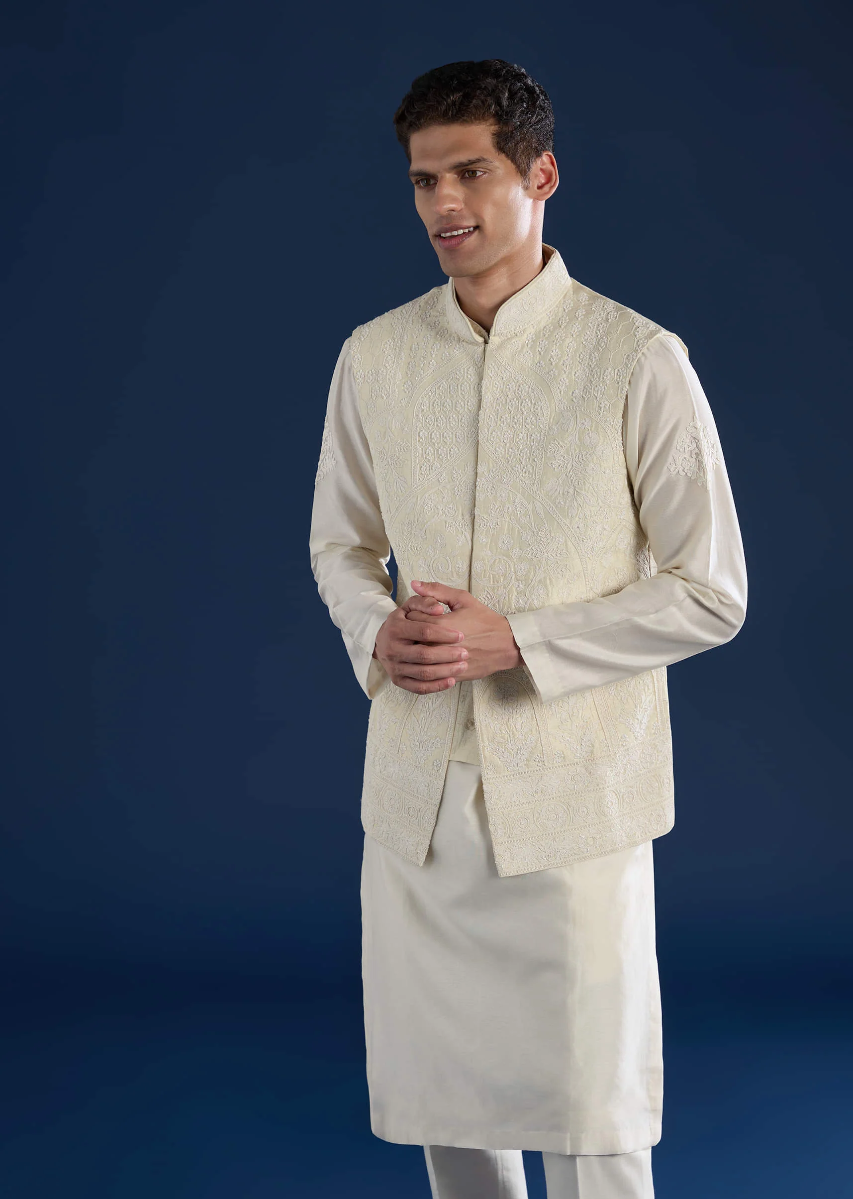 Off White Raw Silk Jacket and Kurta Set with Dori Work - Image 4