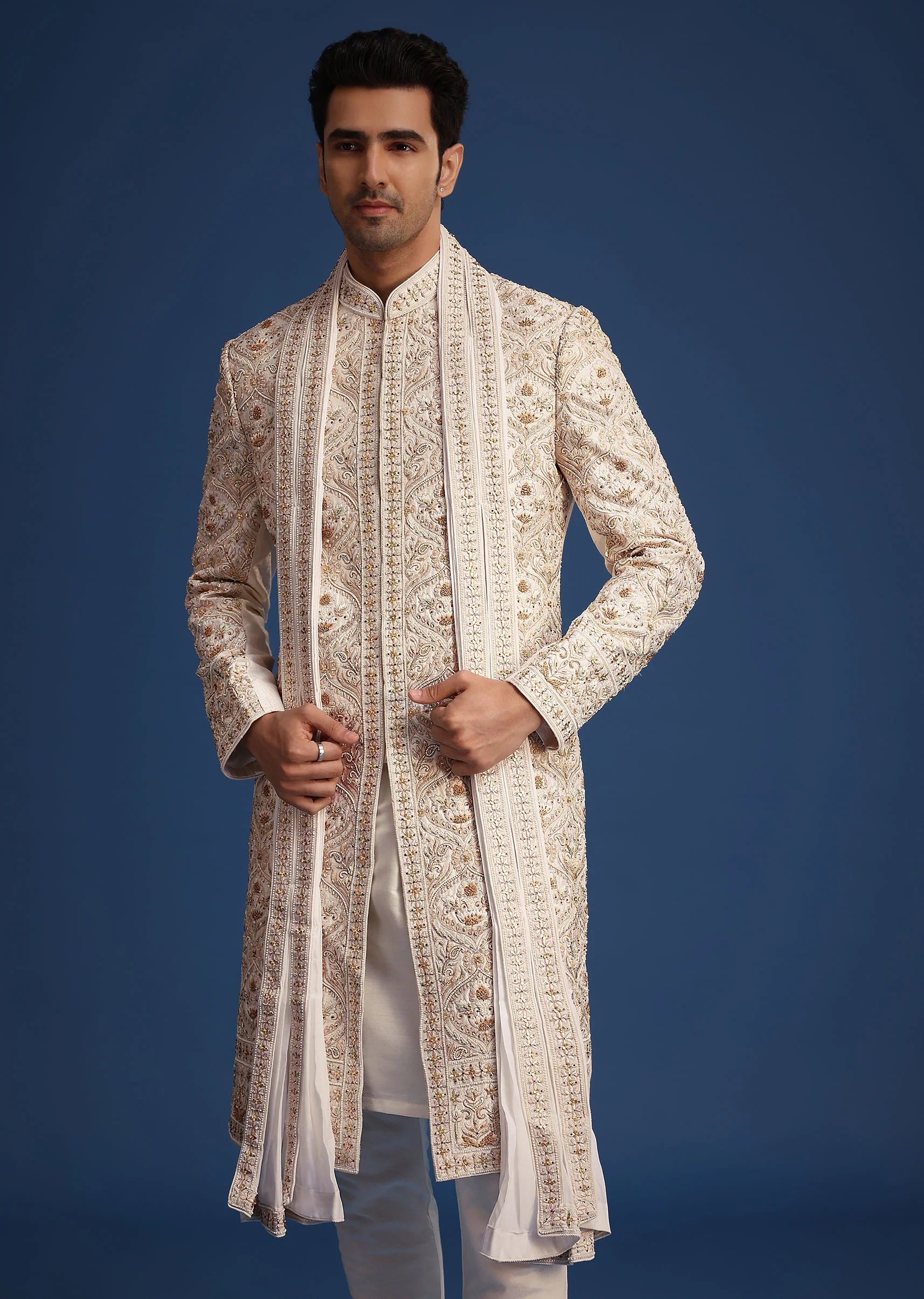 Off White Raw Silk Sherwani Set With Hand Work - Image 2