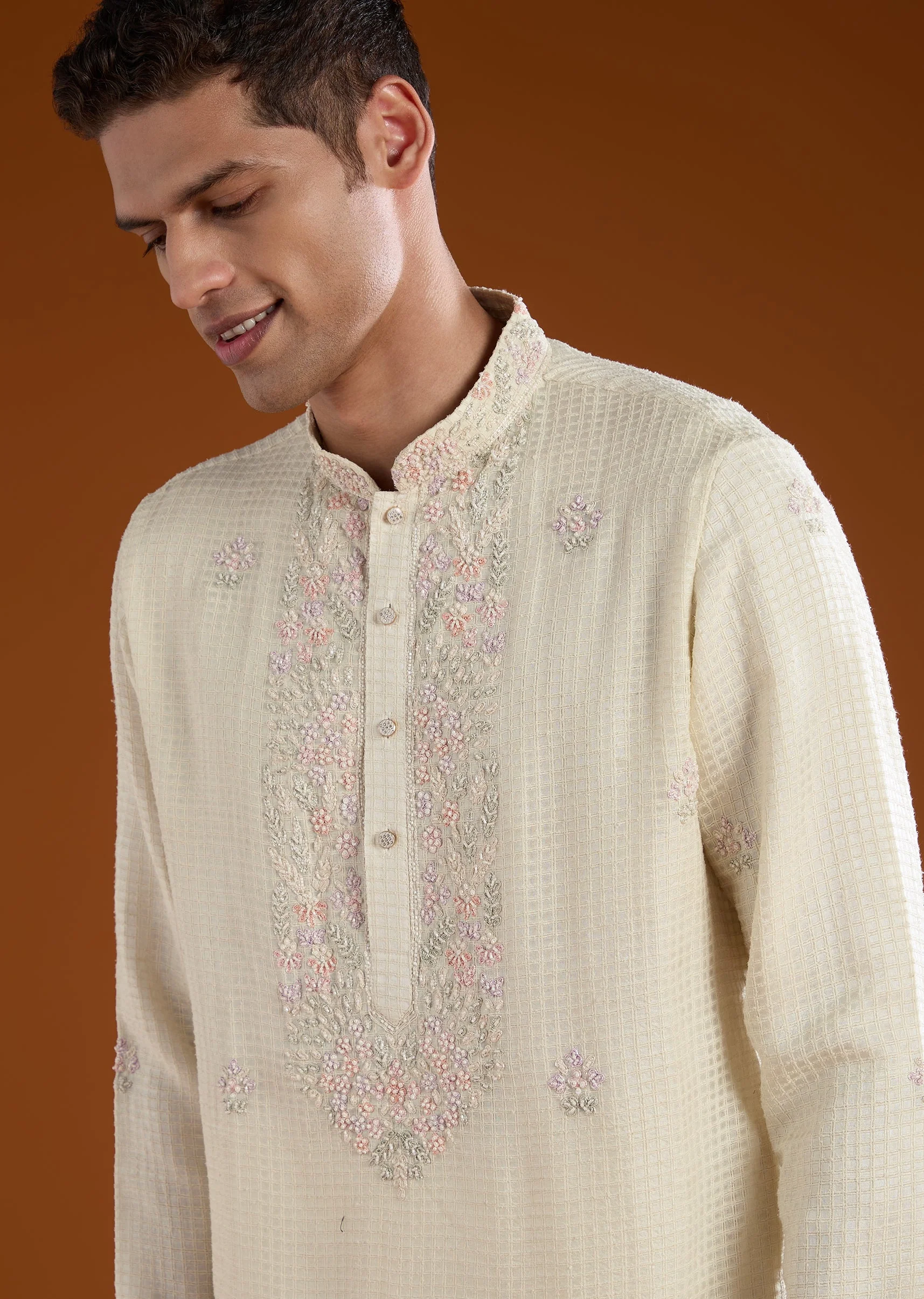 Off White Resham Work Mens Kurta Pant Set - Image 2