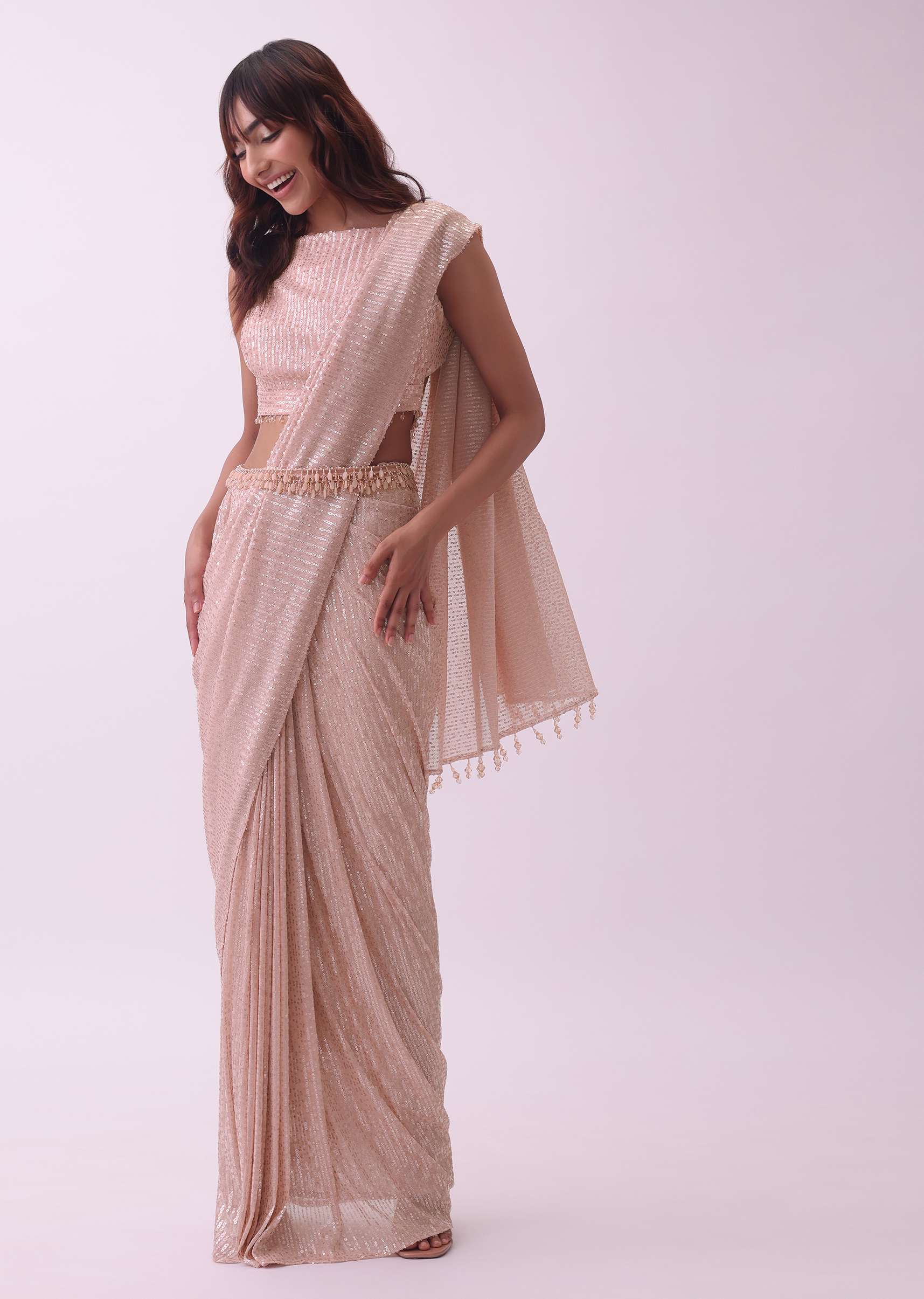 Off-White Saree And Stitched Blouse With Hanging Crystals - Image 3