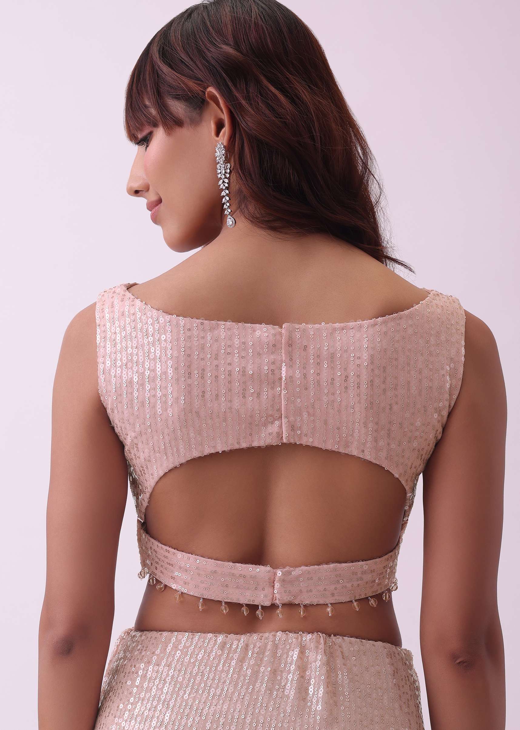 Off-White Saree And Stitched Blouse With Hanging Crystals - Image 7